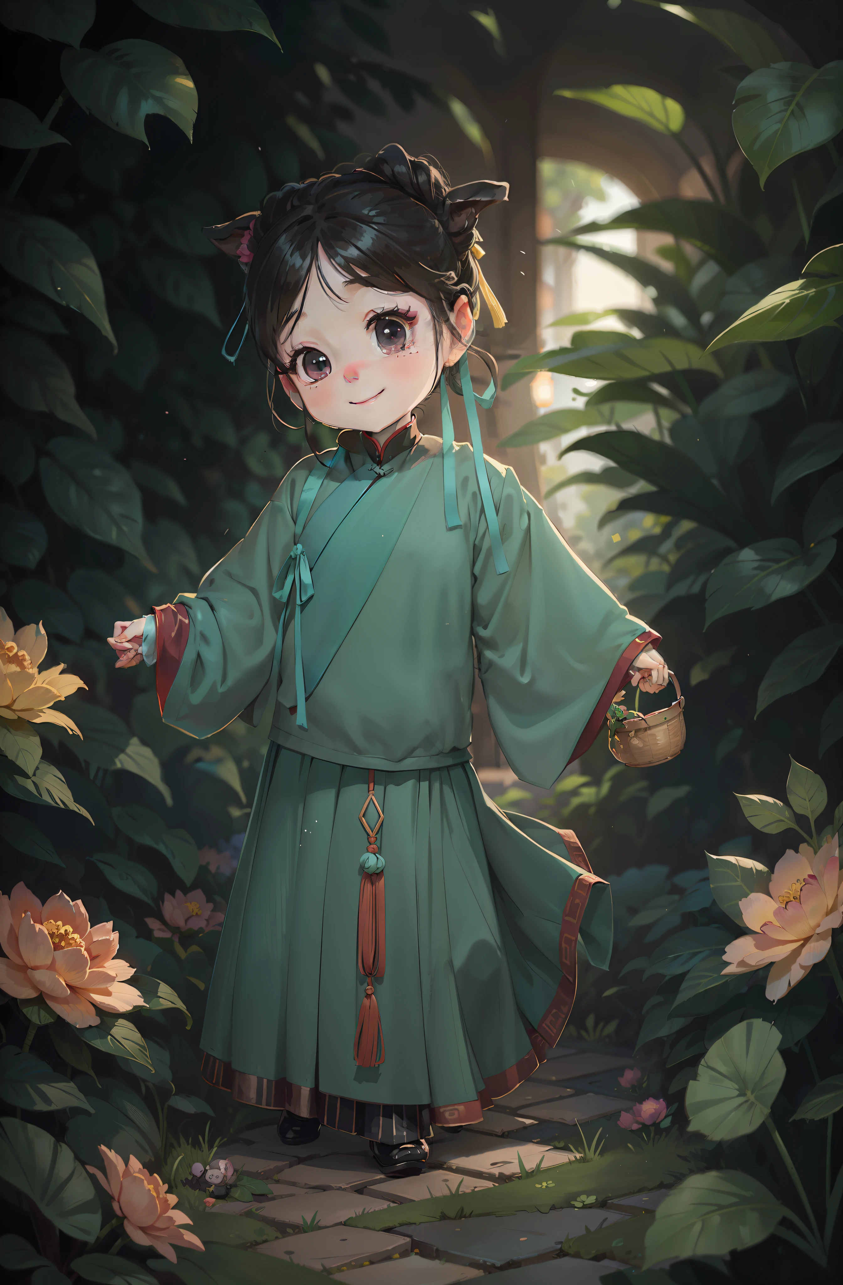 A little Chinese girl, wearing Hanfu, light cyan clothes, light skirt, carrying a small basket, wearing a horse face skirt, black hair, black eyes, cute, happy, big eyes, masterpiece, details, lighting effects, movie effects. Garden background full of peony flowers, blurred background, depth of field effect, cartoon, comic