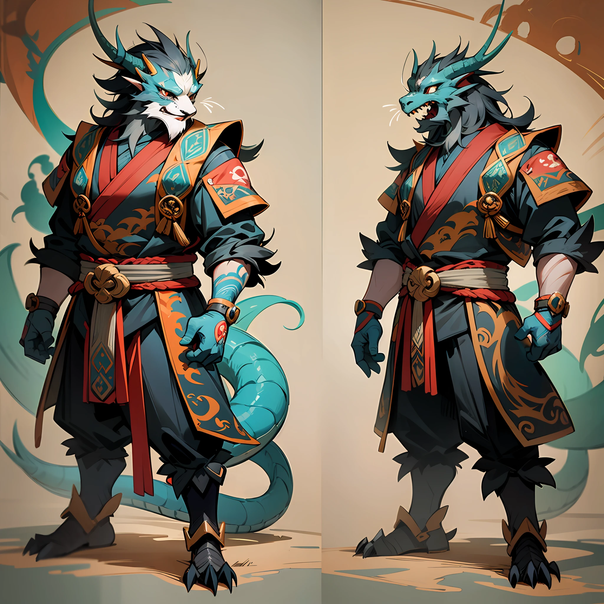 Anthropomorphic dragon male, animal image design, oriental dragon image, long dark beard, hip hop style, Q version cartoon monster standing painting, oblique side standing, side view, side standing, full body portrait, cool shape,