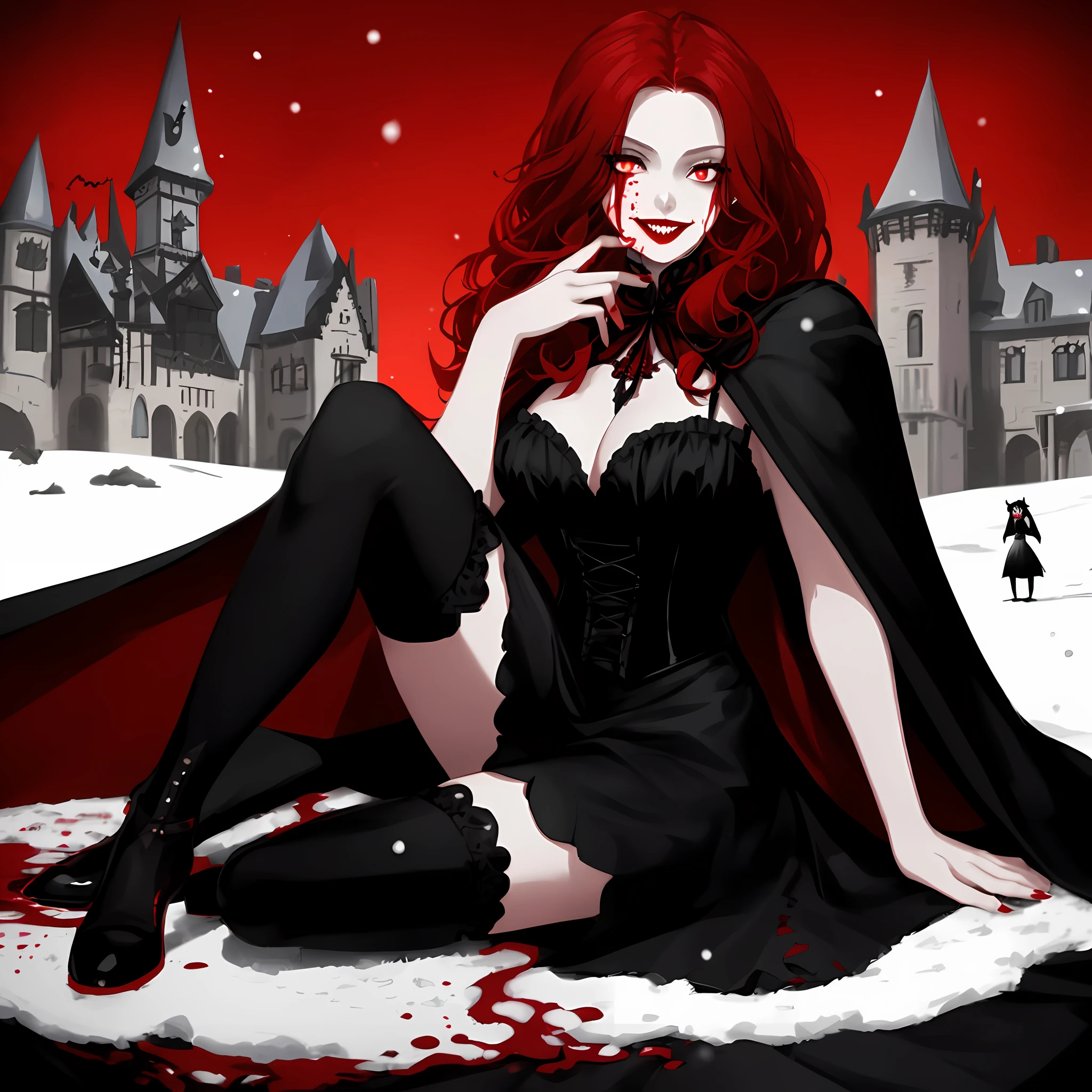 fullbody, sitting, 1girl, vampire, gothic, victorian goth clothing, with a cape, black dress with red details, big fangs on her smile, glowing red eyes, snow white pale, detailed intricate background of her gothic castle mansion, red pillows black furniture, bright red lips, blood splatters, wine glasses with red liquid.