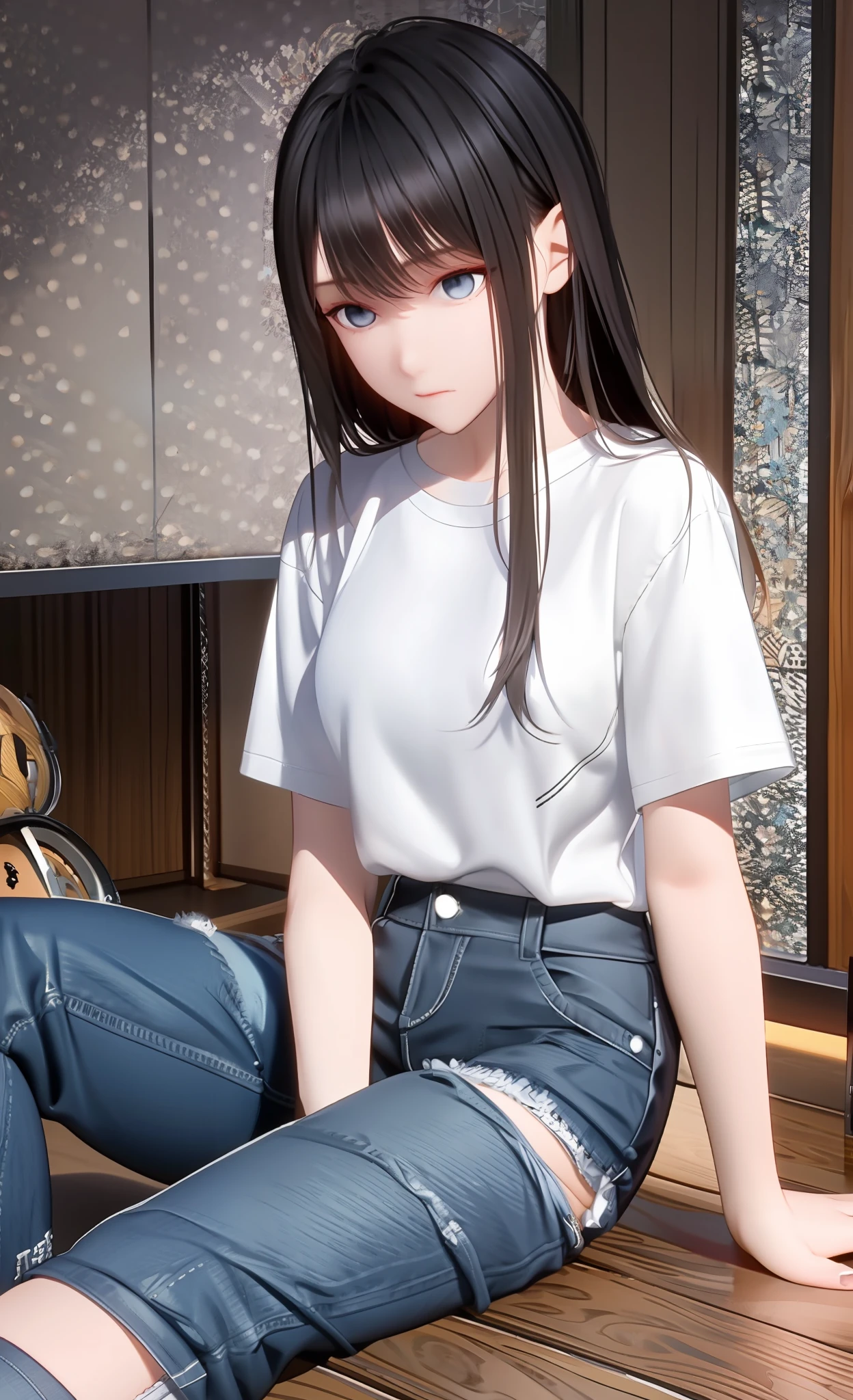 Masterpiece, best quality, masterpiece, best quality, extremely detailed CG unity 8k wallpaper, colorful, 1 girl, solo, (delicate facial features), charming figure, empty eyes, black hair, white T-shirts, jean, full body, bedroom background