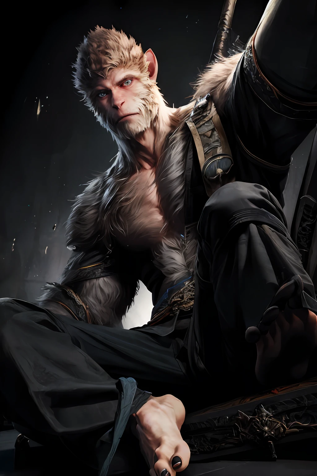 wukong \(black myth\), 1boy, solo, male focus, detailed eyes, sharp nails, black nails, bare foot, furry chest,, pants, portrait, unreal engine, 8k, super detail,