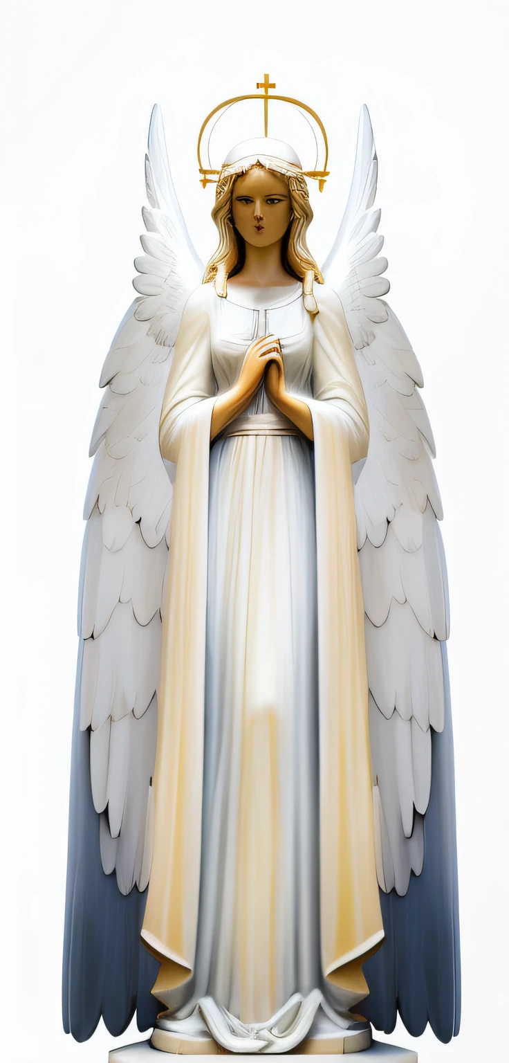 a close up of a statue of an angel with a cross, tall female angel, full - body majestic angel, wide angel shot from below, wide angel shot, angel in plastic armor, angelical, wide angel, big angel wings wide open, emma watson as an angel, angelic, an angel standing still, wearing angel, angel in white linen, beautiful female angel