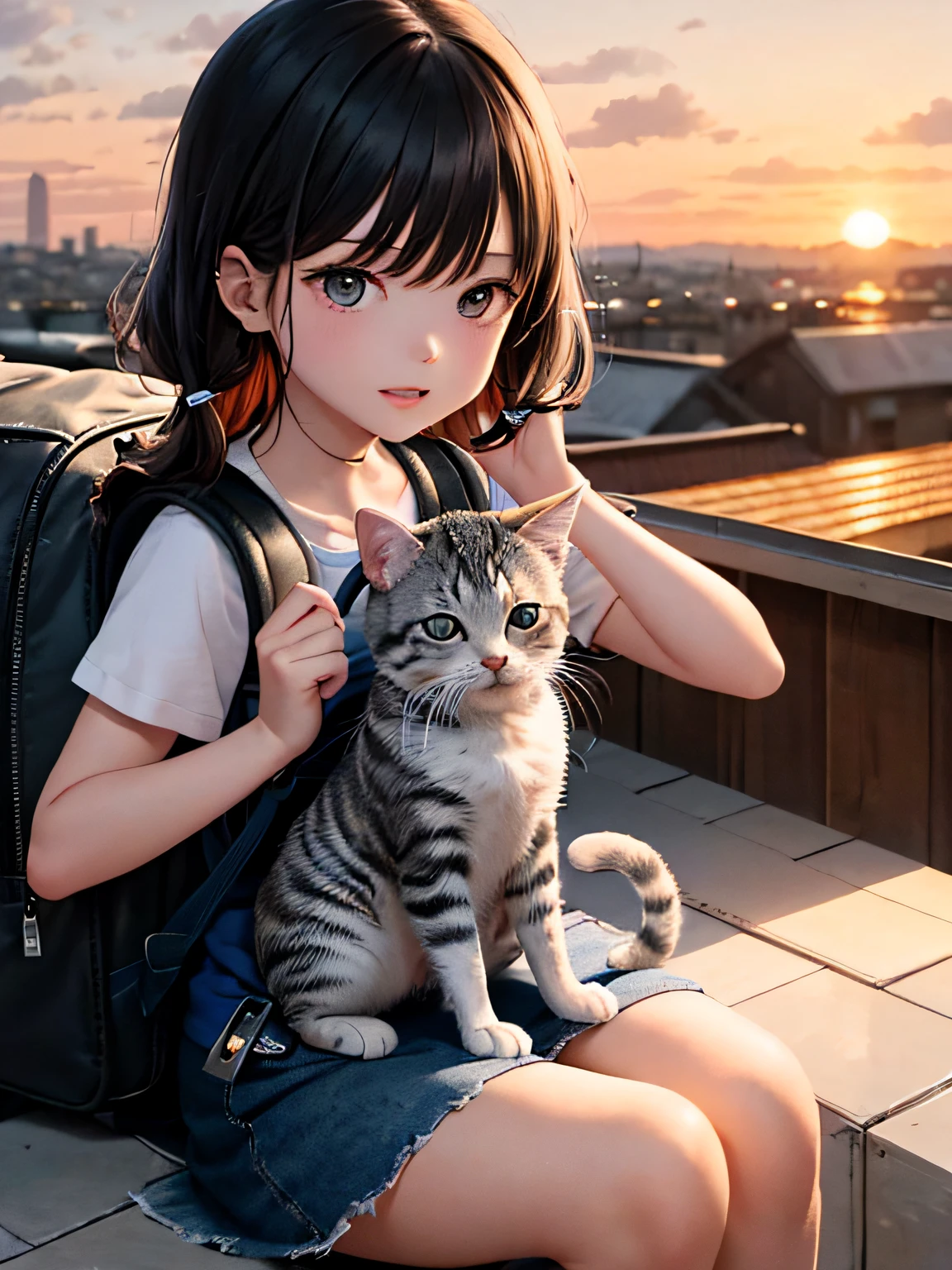 A very charming girl with a backpack sitting holding her cute kitten, on the roof, facing the audience with the sunset behind and two fighting puppies in front. The illustration is a high-definition illustration in 4K resolution with highly detailed facial features and cartoon-style visuals