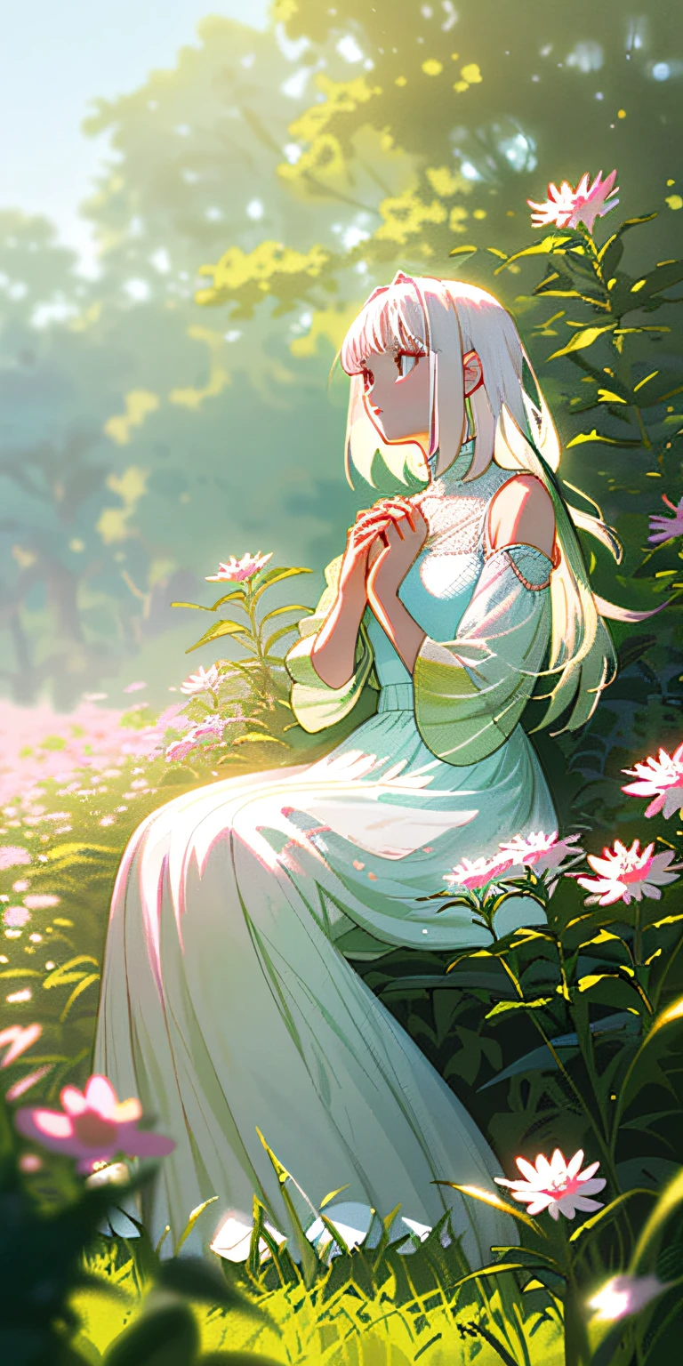 (Masterpiece, best quality), 1 long girl with white hair sitting in a field of green plants and flowers, her hands under her chin, warm lights, white dress, blurred foreground in a sea of pink flowers
