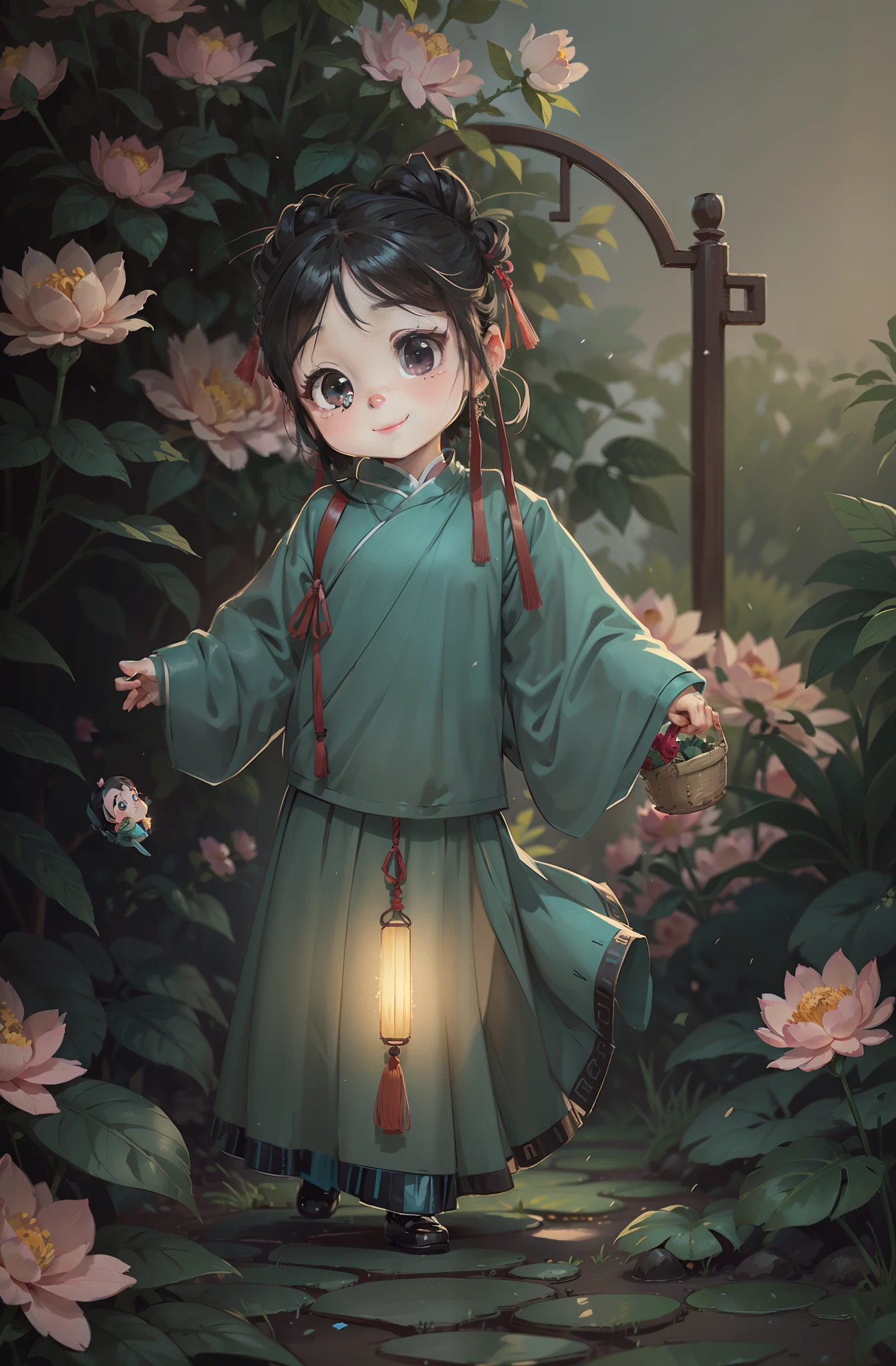 A Chinese girl, wearing Hanfu, light cyan clothes, light skirt, carrying a small basket, wearing a horse face skirt, black hair, black eyes, cute, happy, big eyes, masterpiece, details, lighting effects, movie effects. Garden background full of peony flowers, blurred background, depth of field effect, cartoon, comic