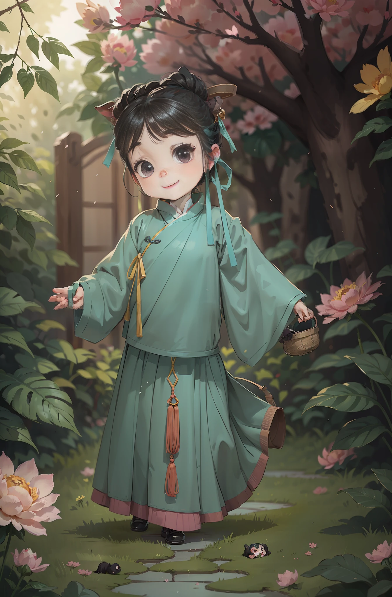 A little Chinese girl, wearing Hanfu, light cyan clothes, light skirt, carrying a small basket, wearing a horse face skirt, black hair, black eyes, cute, happy, big eyes, masterpiece, details, lighting effects, movie effects. Garden background full of peony flowers, blurred background, depth of field effect, cartoon, comic