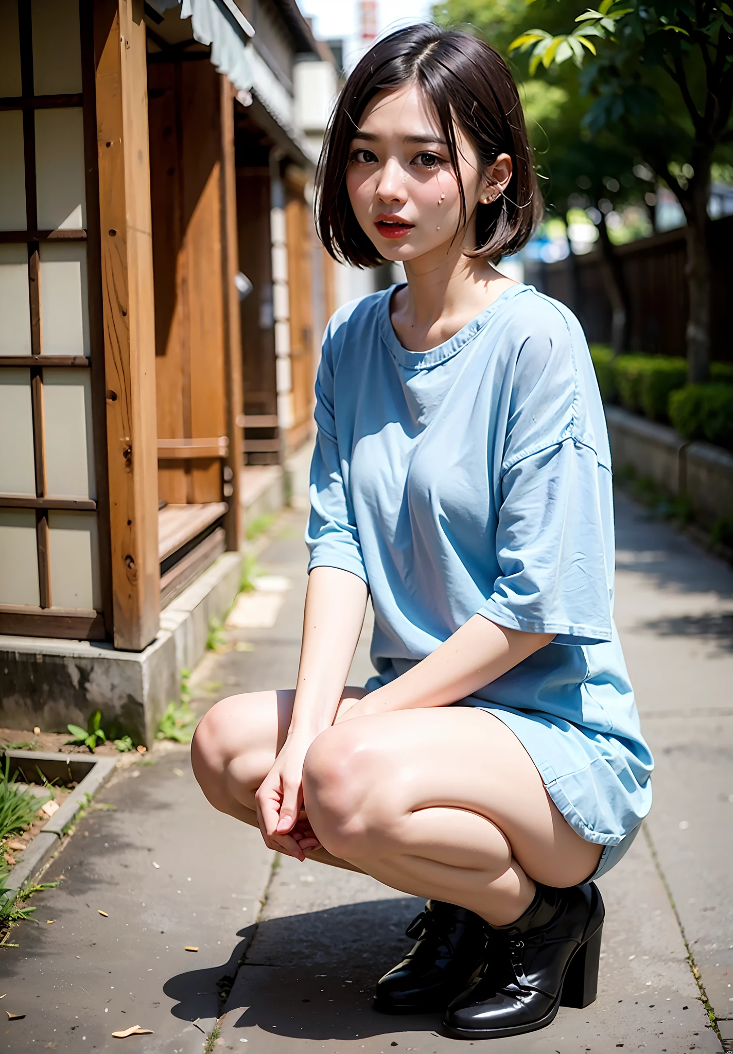 (8k、32k RAW写真、highest quality、걸작:1.2)、Well-groomed appearance、Beautiful and cute、1女の子1人、((CLEAN、Japan persons))、(大きな胸1.3)、()、(The shape of the areola is clearly visible、))、dark short hair、split seat、dark short hair、bangs、Patsun、((Incontinent、Crouching、In the street、crying face))