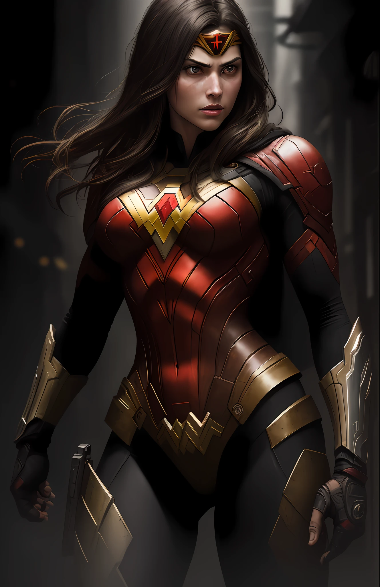 (dark shot: 1.1), epic realistic, Wonder Woman Red Lantern from DC, yellow gradient, black, brown and magenta color scheme, grunge aesthetics!!! graffiti tag wall background, art by Greg Rutkowski and artgerm, soft cinematic light, Adobe Lightroom, darkroom, HDR, intricate, highly detailed, (depth of field: 1.4), faded, (neutral colors: 1.2), (hdr: 1.4), (muted colors: 1.2), hyper-detail (artstation: 1.4), cinematic, warm light, dramatic light (complex details: 1.1)