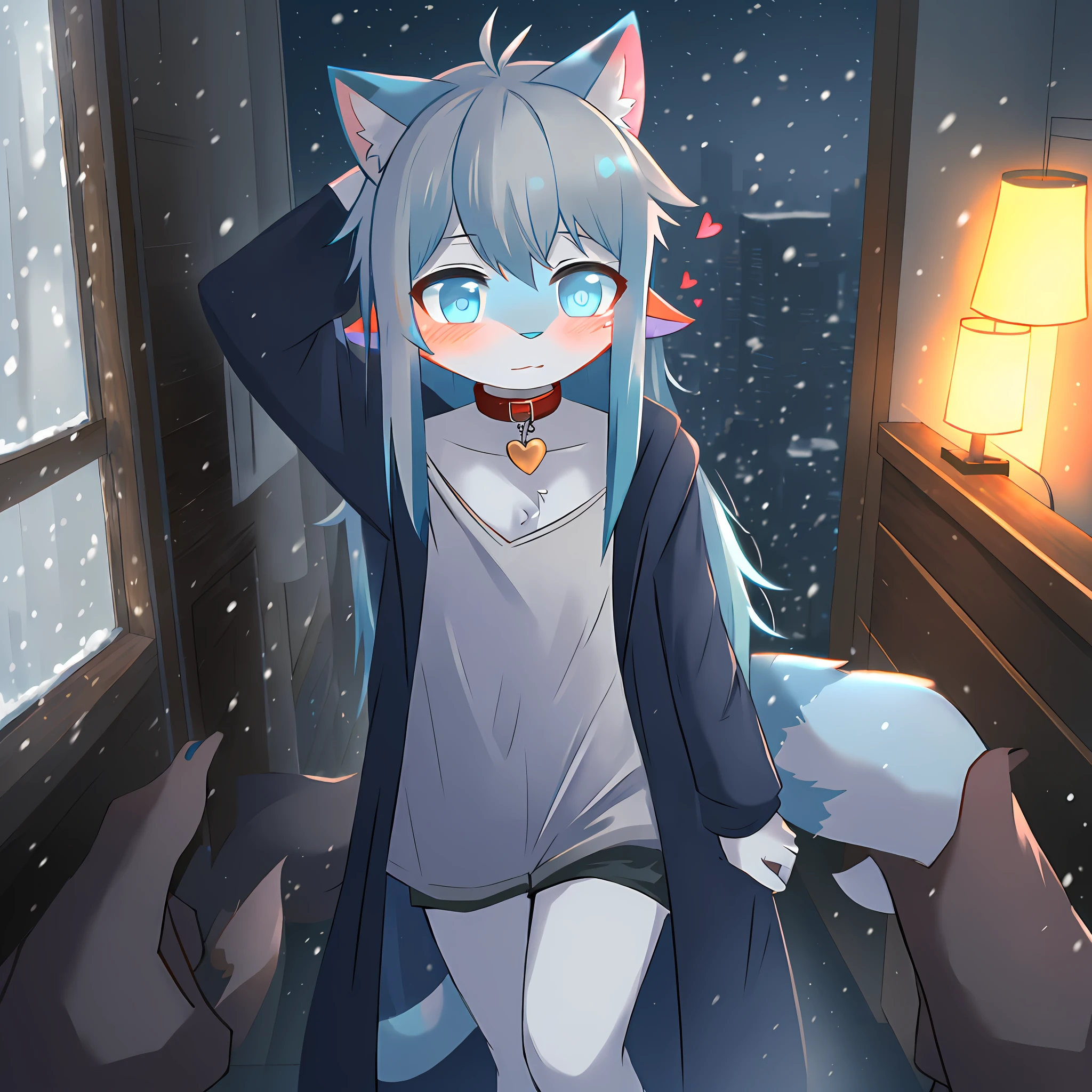 Very, very beautiful furry art, furry art! , POV furry art, shota, long hair, gray hair, blue eyes, glowing eyes, female boy, neon city, snowfall, midnight, indoors, cat ears, sky blue ears, shark tail, dark blue fox, dark blue trench coat, cute, collar, space katana, god, fur body, full body, lower body is shorts, , character, masterpiece, smooth tail, current, shy, NFSW, highest quality, 8k, full hd, meowshark, winter, own character, nsfw, light blue hair, 10 years, super shy, demon tattoo, succubus tattoo, humanoid with slight blush, facial, on body, facial, children, heart eyes, war zombie