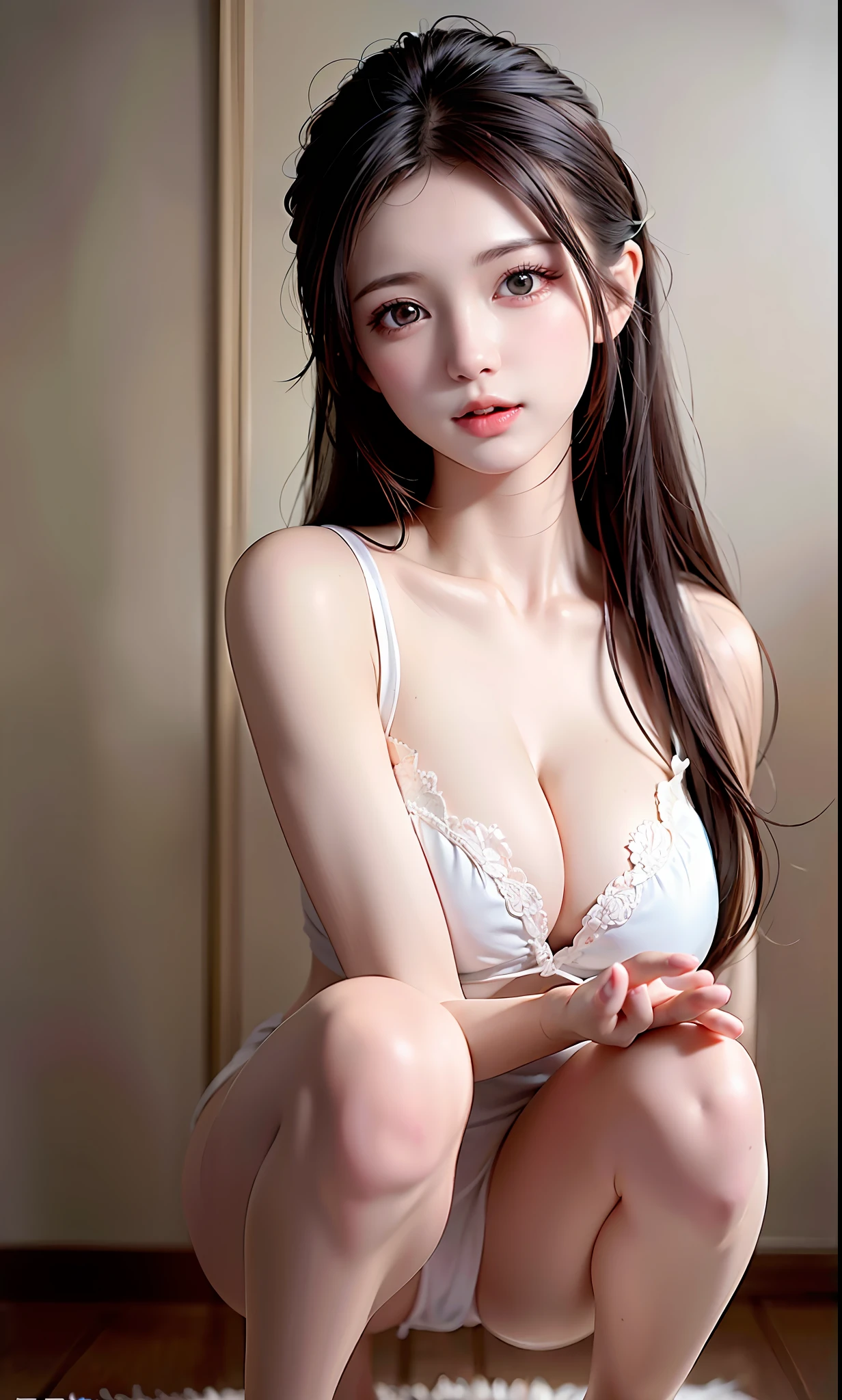 (64k, RAW photo, photorealistic: 1.25), (lip gloss, eyelashes, shiny face, shiny skin, pubic hair look, big pubic hair, (huge breasts), (squatting pose), (max ultra realistic: 1.3), (best illustration), (best illustration), (highest resolution), (very super detailed), (best illustration), (best detailed), (beautiful detail eyes), (super best detailed), (best detailed) (masterpiece), (wallpaper), (super best detail face), (tight abs), (realism photohyperrealistic), (blush whitened skin), (best quality), (1 girl))), (ultrarealistic, photohyperrealistic:1.37), (super detailed), (cute), (solo), (erotic face:1.15), (slightly open mouth), (beautiful detail eyes), (whitened skin)))), (skin white), (light skin) , (Clean Skin), (Fresh Skin), (Realism Photohyperrealistic), (Best Quality), ((Big:1.2)), (Bra:1.1), (Very Detailed Face and Skin Texture), (Fine Eyes), (Very Realistic), (25 Years Old Portrait), (Perfectly Beautiful) (Face Detail), (Beautiful Face), (Beautiful Eyes), (Perfect Eye Details), (Perfect Anatomy), ( Very cute), (64k resolution), (human hand), (elegant), (detailed hairstyle), (photohyperrealistic), (RAW photo: 1.2), (best quality), (ultra high definition), (1 girl))), (medium hair),,