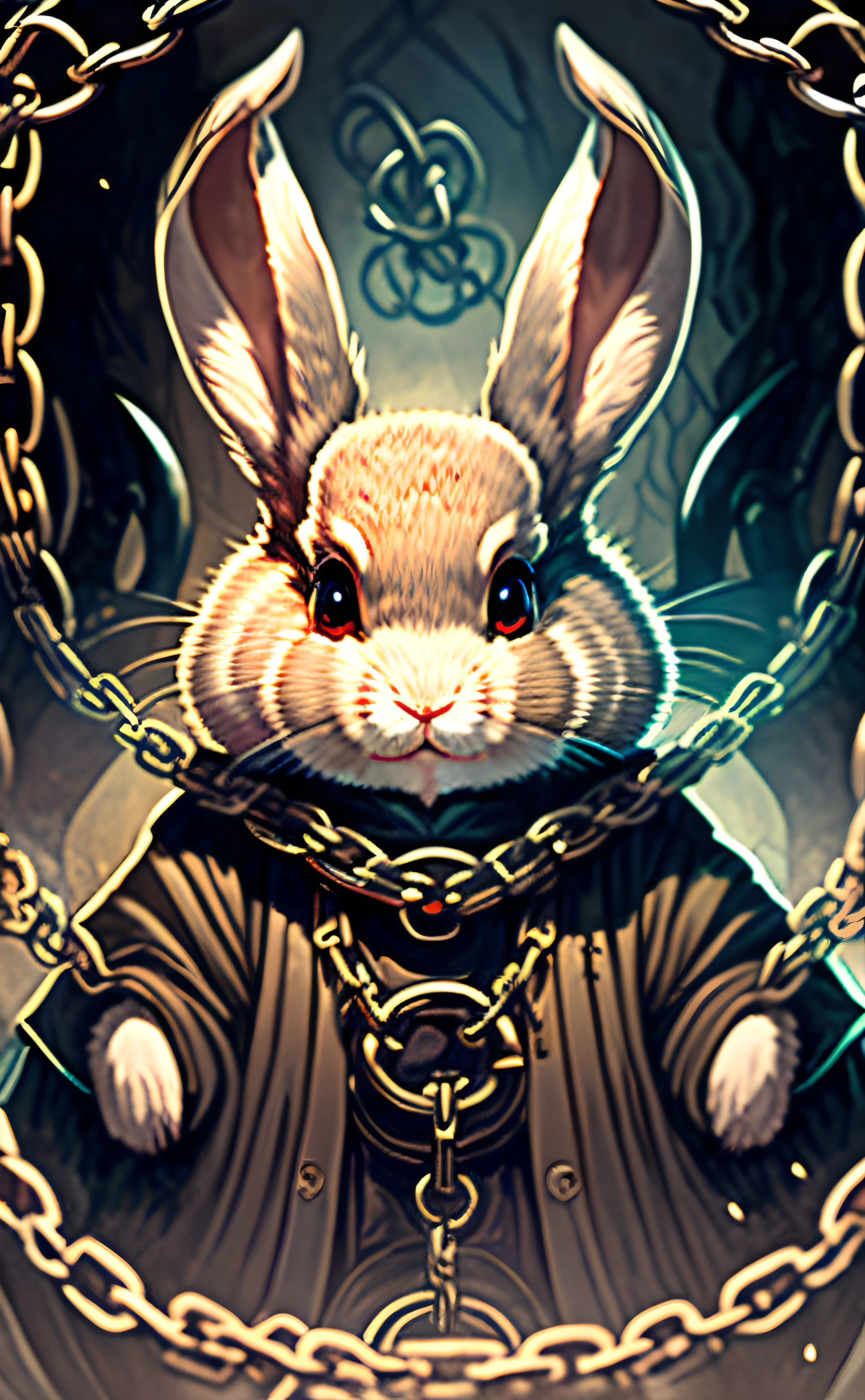 The Devil (悪魔)
"A mischievous rabbit with devil horns and a twisted smile, holding chains that bind smaller rabbits. The setting is a cavernous, eerie underworld."