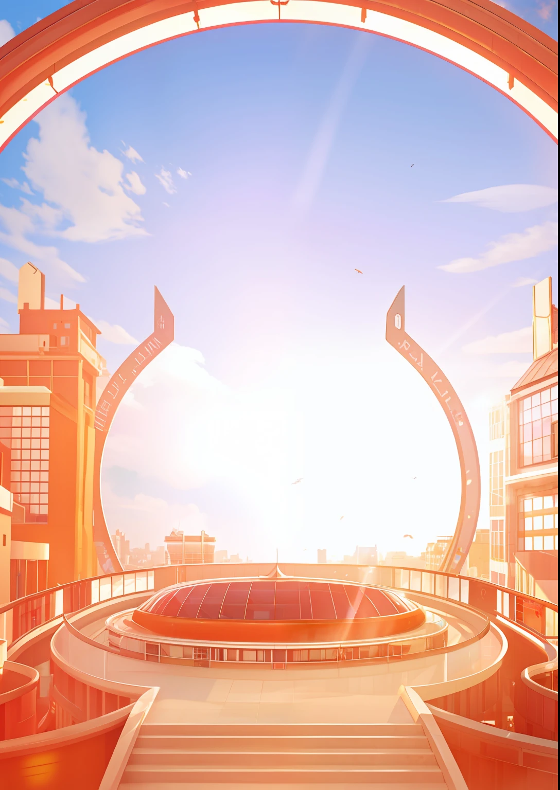 HD, modern city style, sun, bright light, colorful auspicious clouds, gradient.
