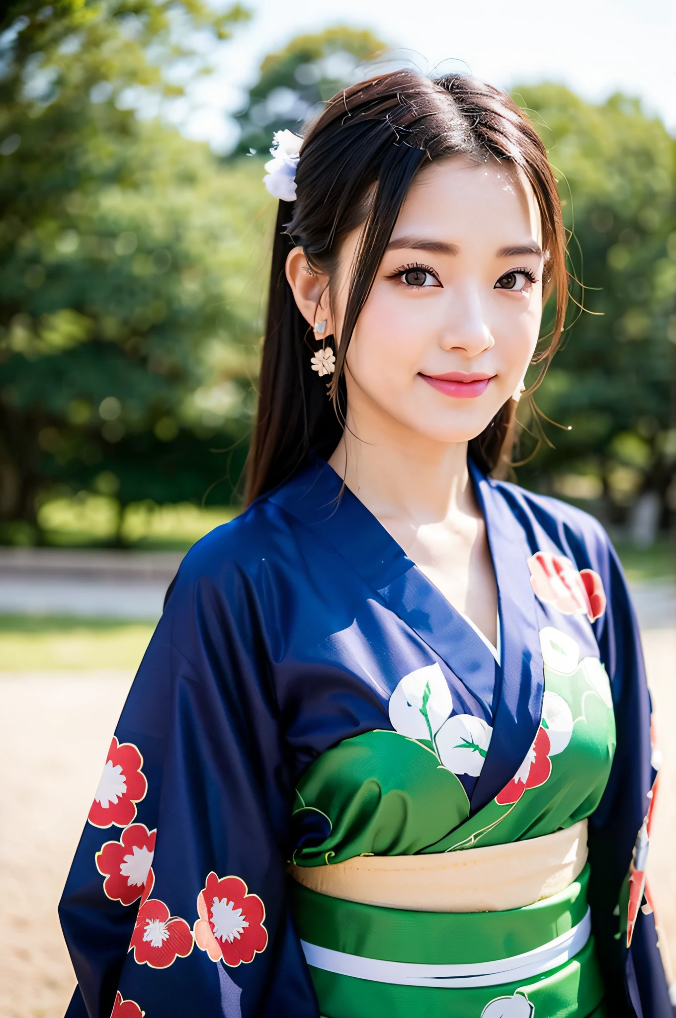 ((Best Quality, 8K, Masterpiece: 1.3)), Sharp Focus: 1.2, (Super Beautiful Face: 1.0), (Slender Abs Beauty: 1.0), (Shiny Skin: 1.5), Realistic Photos, Black Hair, Realistic Pupils, Video Lighting, High Definition Eyes and Face, Video Lighting, (Cowboy Shot: 1.3), (Kimono, Hakama, Obi: 1.4), (Korean Cute Actress), Traditional Kimono, Happy, Watch the audience, From the front, big