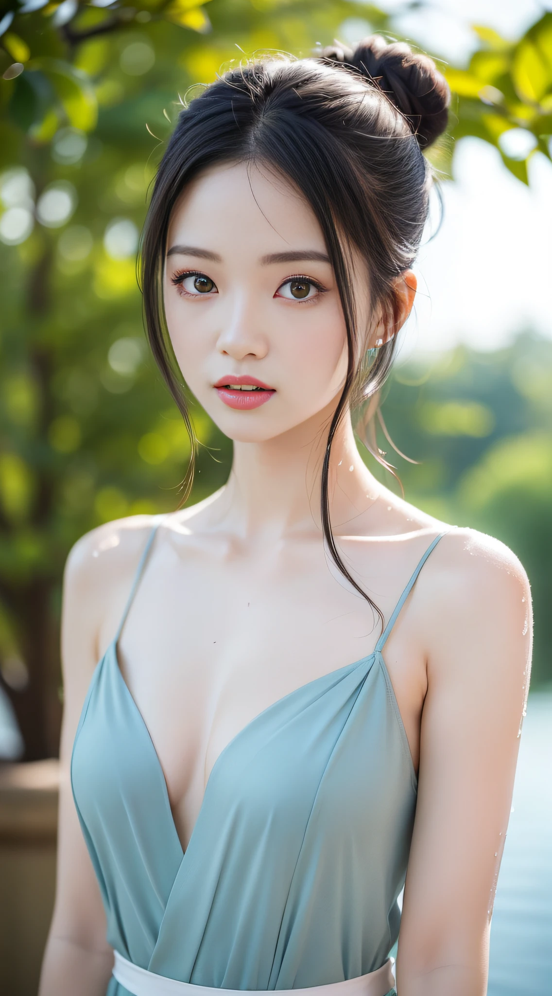 girl, youthful appearance, Hanfu dress, black hair, hair bun, hair accessories, jewelry, exquisite facial features, wet body, delicate skin, soft lighting, silky hair, fine details, high-gloss eyes, fair skin, detailed depiction, ultimate details, movie-level quality, shoulders, alluring, thin, cute, slender, obedient, shy, black eyes, outdoor, distant view, sunlight, water surface, 腰,肩膀,肚脐