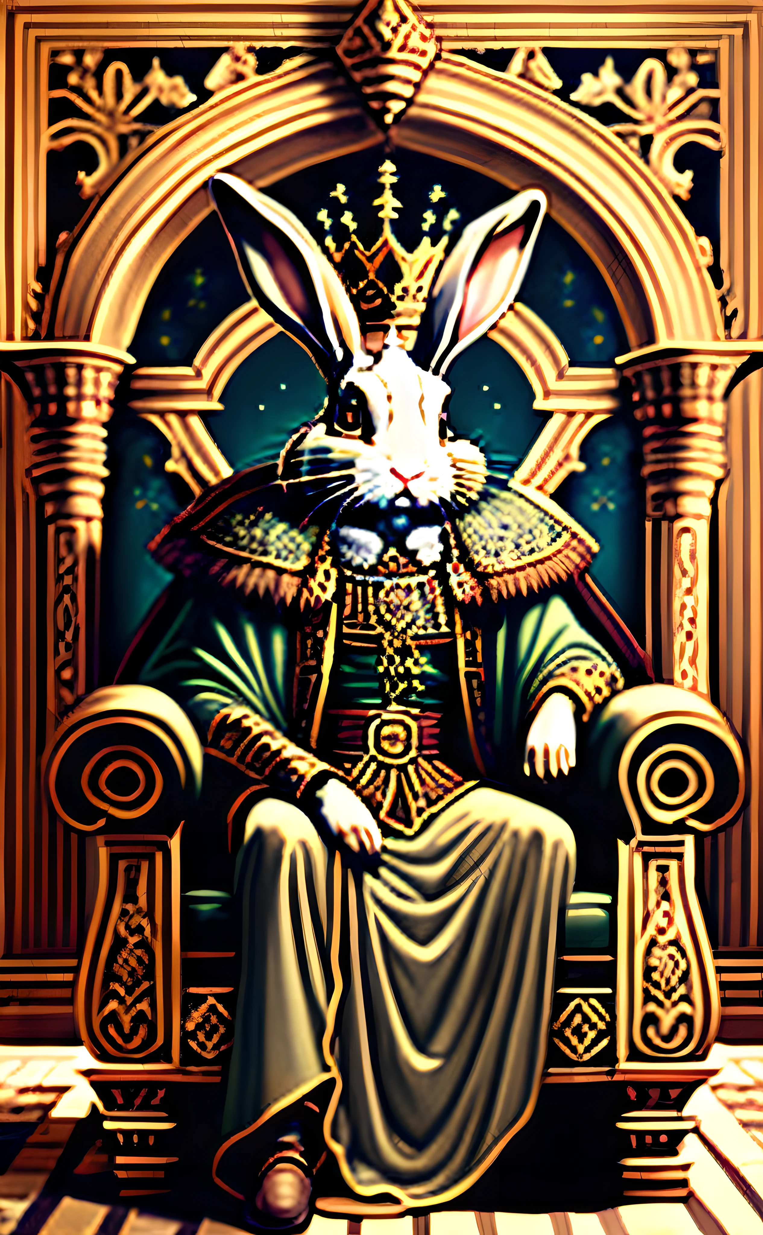 The Emperor
"A kingly rabbit with a stern look, seated on a gothic throne. A desolate landscape with a haunted castle in the background."