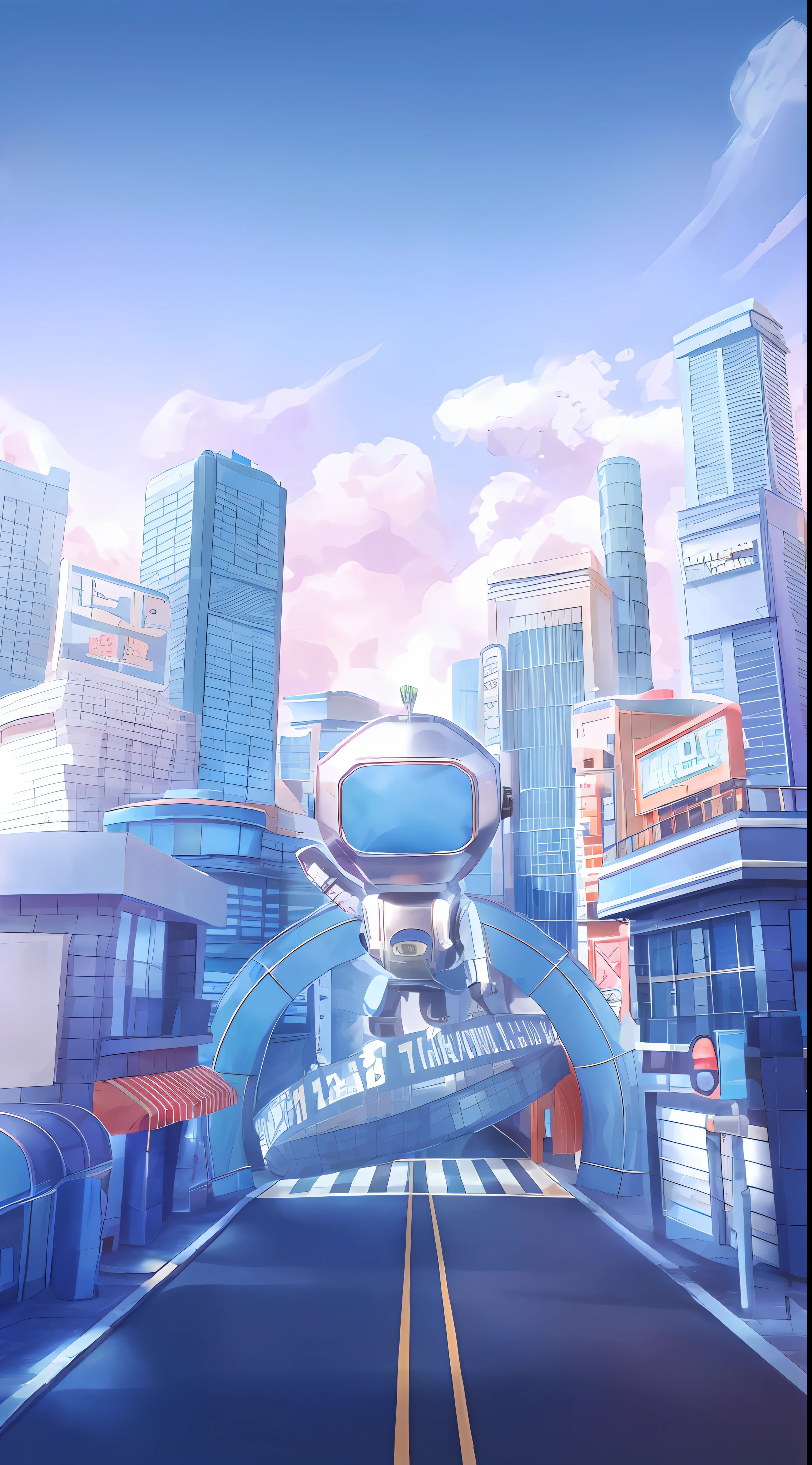 Urban buildings, a road in the middle, a zebra crossing in the middle of the highway, double yellow lines, a robot on the pavement, clouds in the colored sky