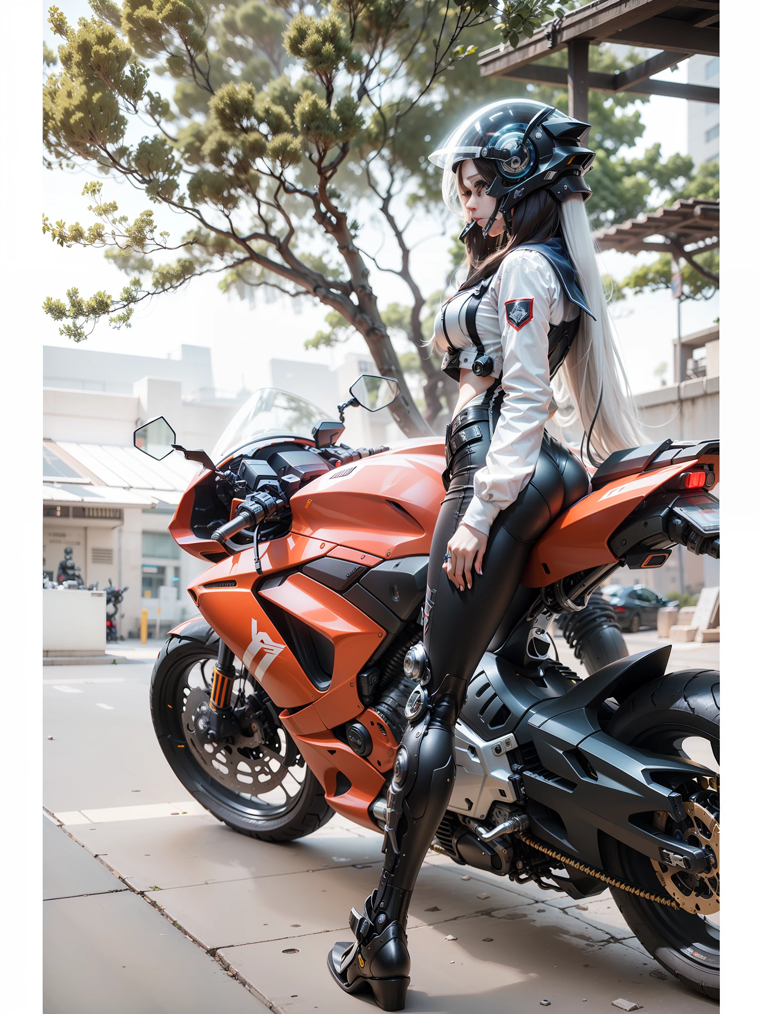 Sexy full body white mecha white long hair cyber sailor and cyber mechanical motorcycle, high-tech white full surround helmet, white long hair, Nousr, biomechanics, mshn robot woman, high-tech helmet, surreal, steel, intricate design, crazy details, fine details, extremely clear lines, cinematic lighting, photo realistic, detailed masterpiece