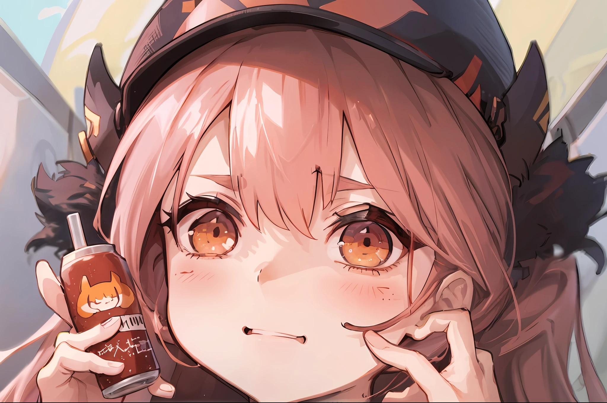 Cartoon girl, drink in her hand, Umaru-chan, Shikamimi, cute anime face, kawaii anime manga style, Nekomimi, cute kawaii girl, ****, ajang high face, kawaii manga style, anime visual of cute girl, anime girl drinking energy drink, ahgao, uma musum, thousand light mountain, white hair, girl on the right side of the screen, occupies a quarter of the size of the picture.