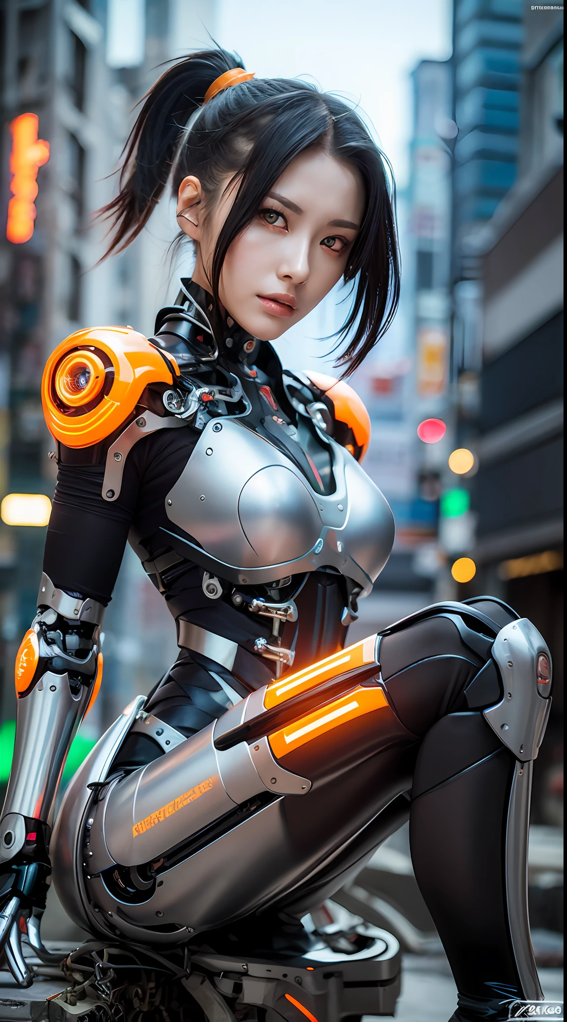 Cyberpunk, Female Cyborg, Special Ability, Uniform, Mechanized Enhancement, Beauty, Black Hair, Japan, Knee Up, Fine Face, Fine Body, Ponytail, Mechanical Eyes, ((Orange Eyes: 1.2)), Glowing Eyes, Prosthetic Arms, Prosthetic Legs