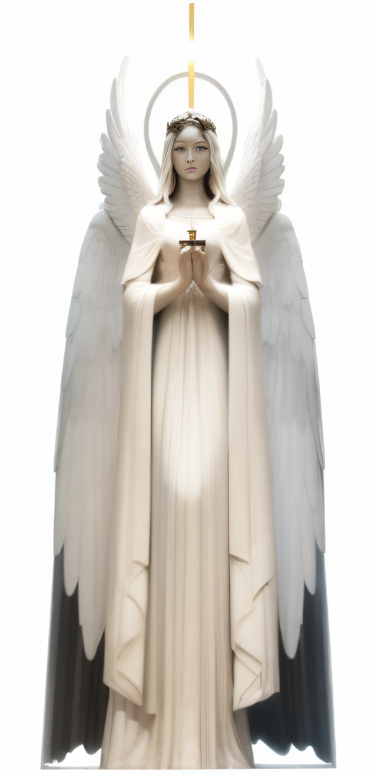 a close up of a statue of an angel with a cross, tall female angel, full - body majestic angel, wide angel shot from below, wide angel shot, angel in plastic armor, angelical, wide angel, big angel wings wide open, emma watson as an angel, angelic, an angel standing still, wearing angel, angel in white linen, beautiful female angel