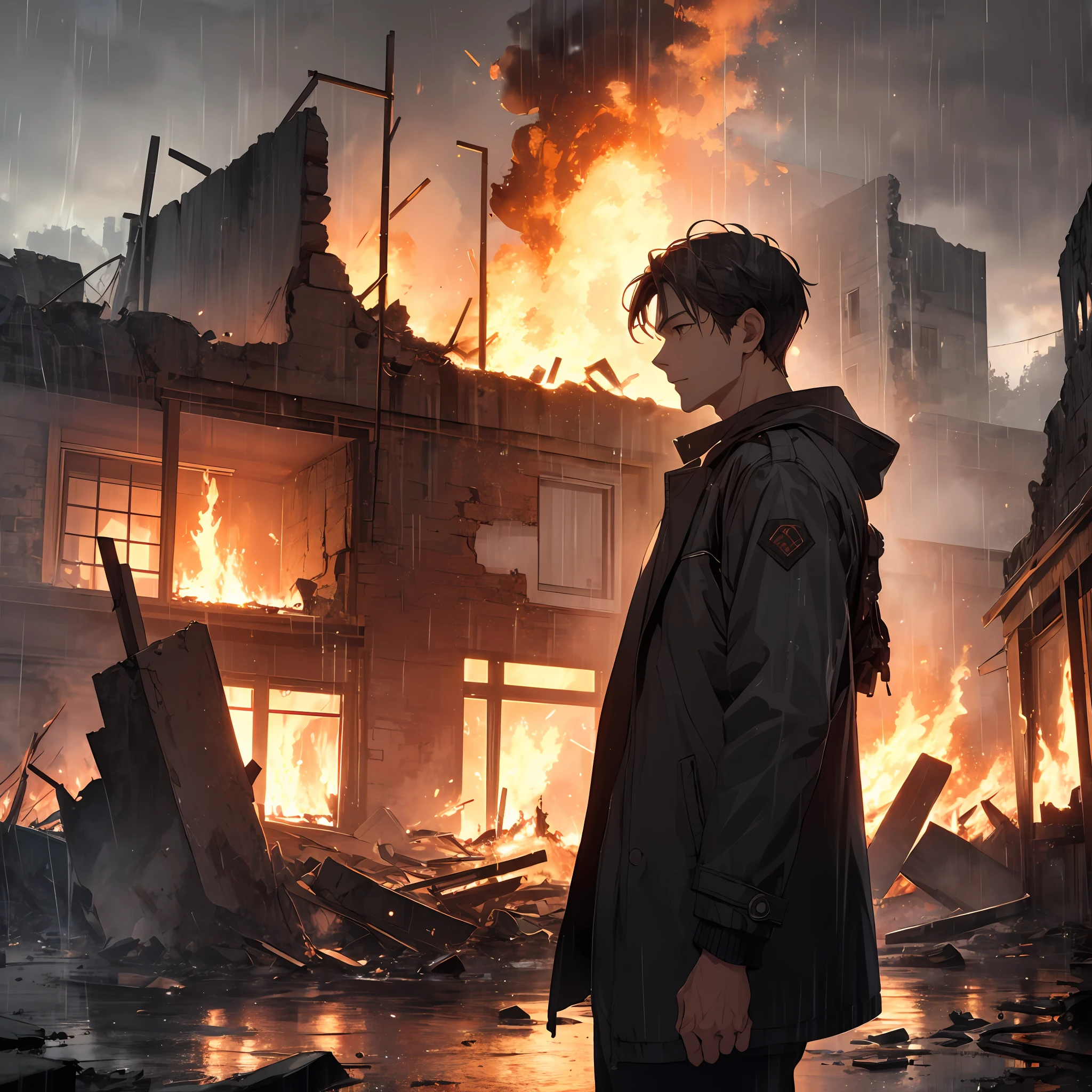 A handsome man with a wide jacket, the end of the world, raining, against the background of a desolate ruins burning a fire