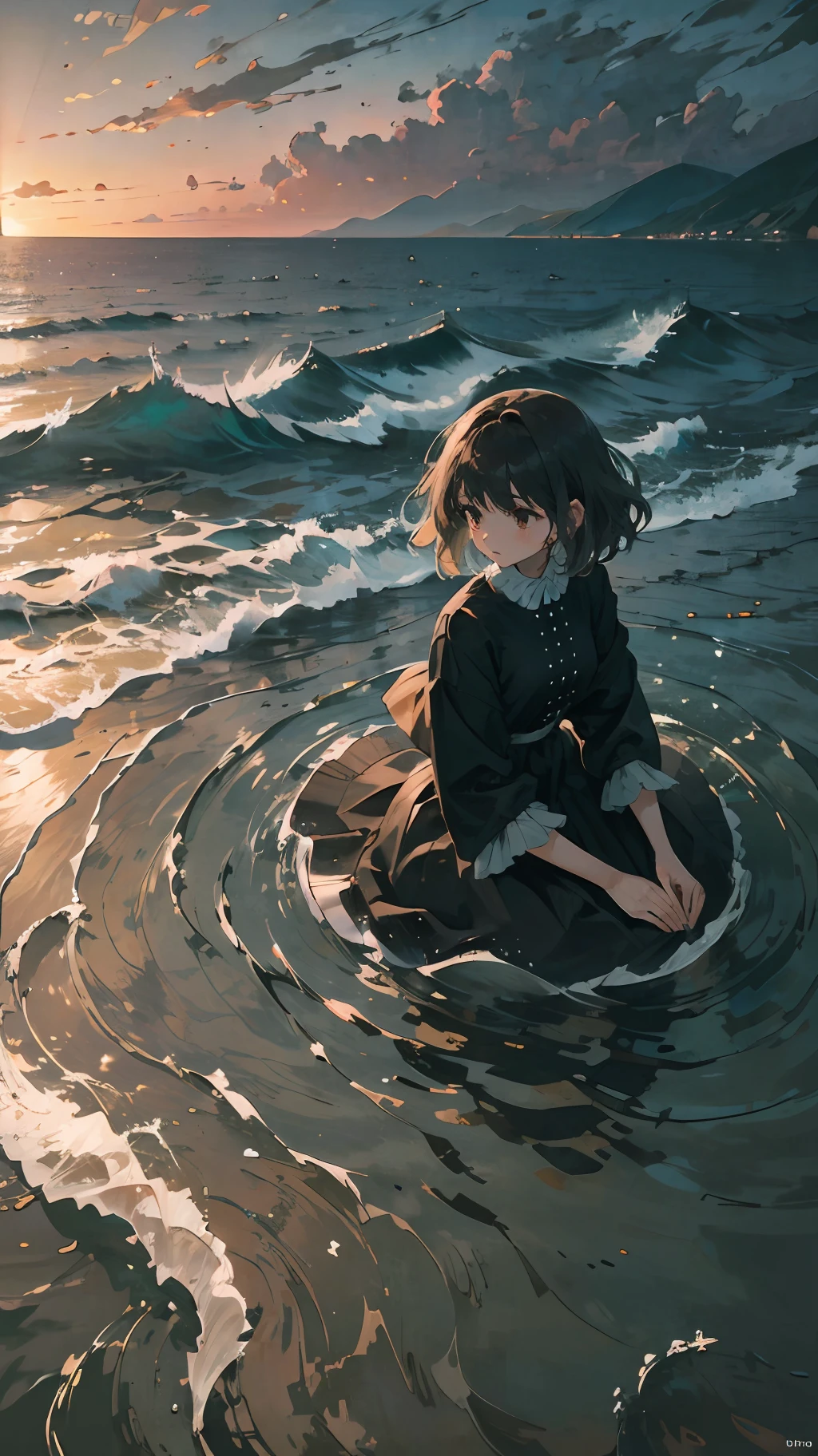 Masterpiece, Superb 1girl, upper body, sitting, sweeping bangs, short hair, black hair, dress, ruffles, outdoor, horizon, sky, ocean, water, water world, waves, ripples, textured skin, highres, 16k, UHD --auto