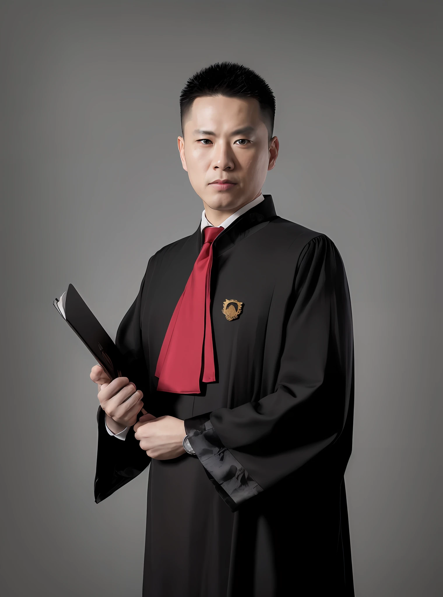 Arafeld man in black robe and red tie holding a folder, lawyer, Peng Yinmo J-Jiang Geping, dressed as a judge's robe, Yin Yin J-Jiang Geping, lawyer suit, Lin Chuanxin, Wang Wei, judge, wearing black robe, professional image, lawyer costume, defense lawyer, Liu Zhiwei, cartoon version, anime