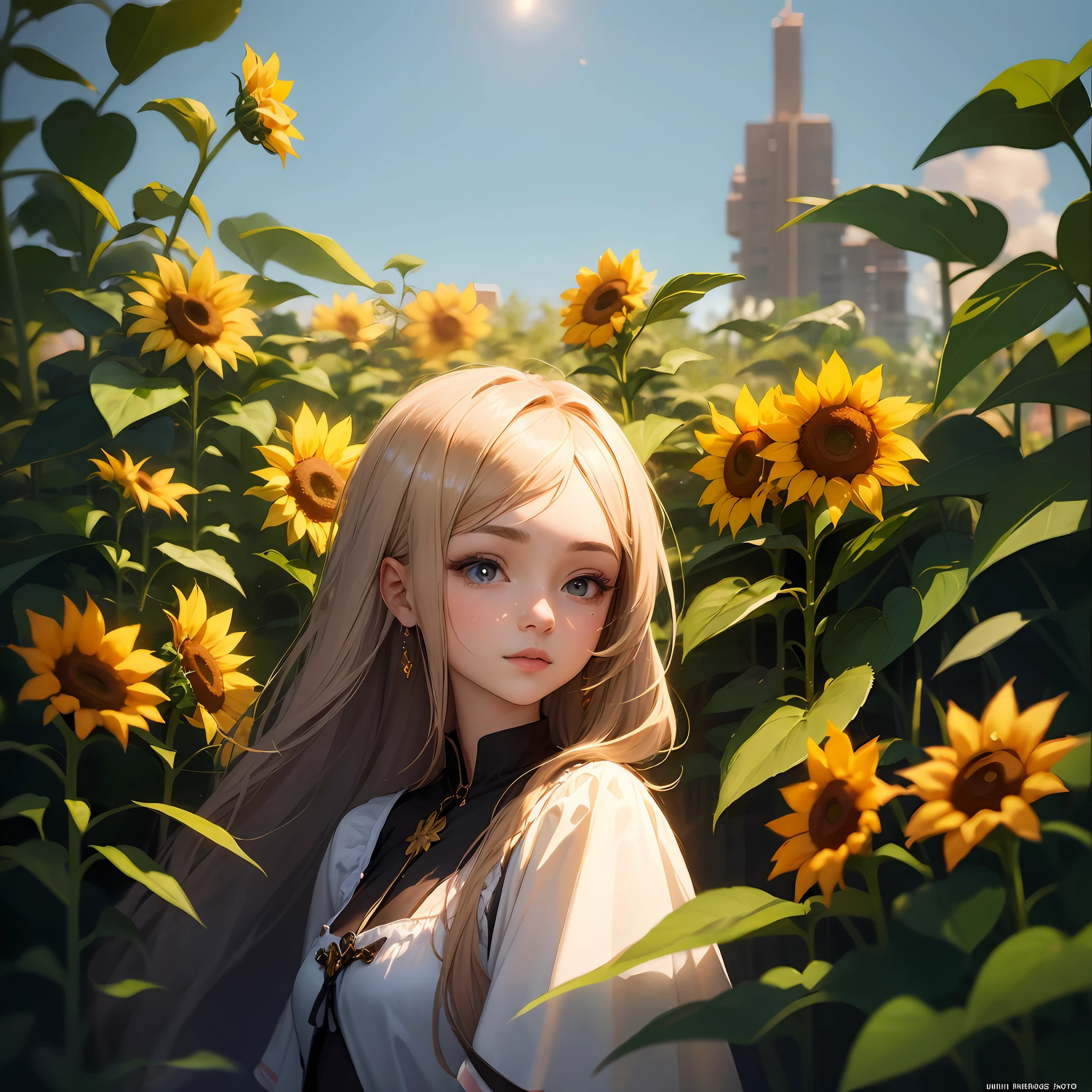 - A girl with long hair and big eyes as the protagonist with her friends in the background, - sunflower garden full of sunshine, - garden, - elevation angle, - high resolution, - cinematic lighting, - bokeh, - two scenes (25), three scenes (3S), group view (GS), - illustration, - multi-color combination, - clear facial features, - satin --auto