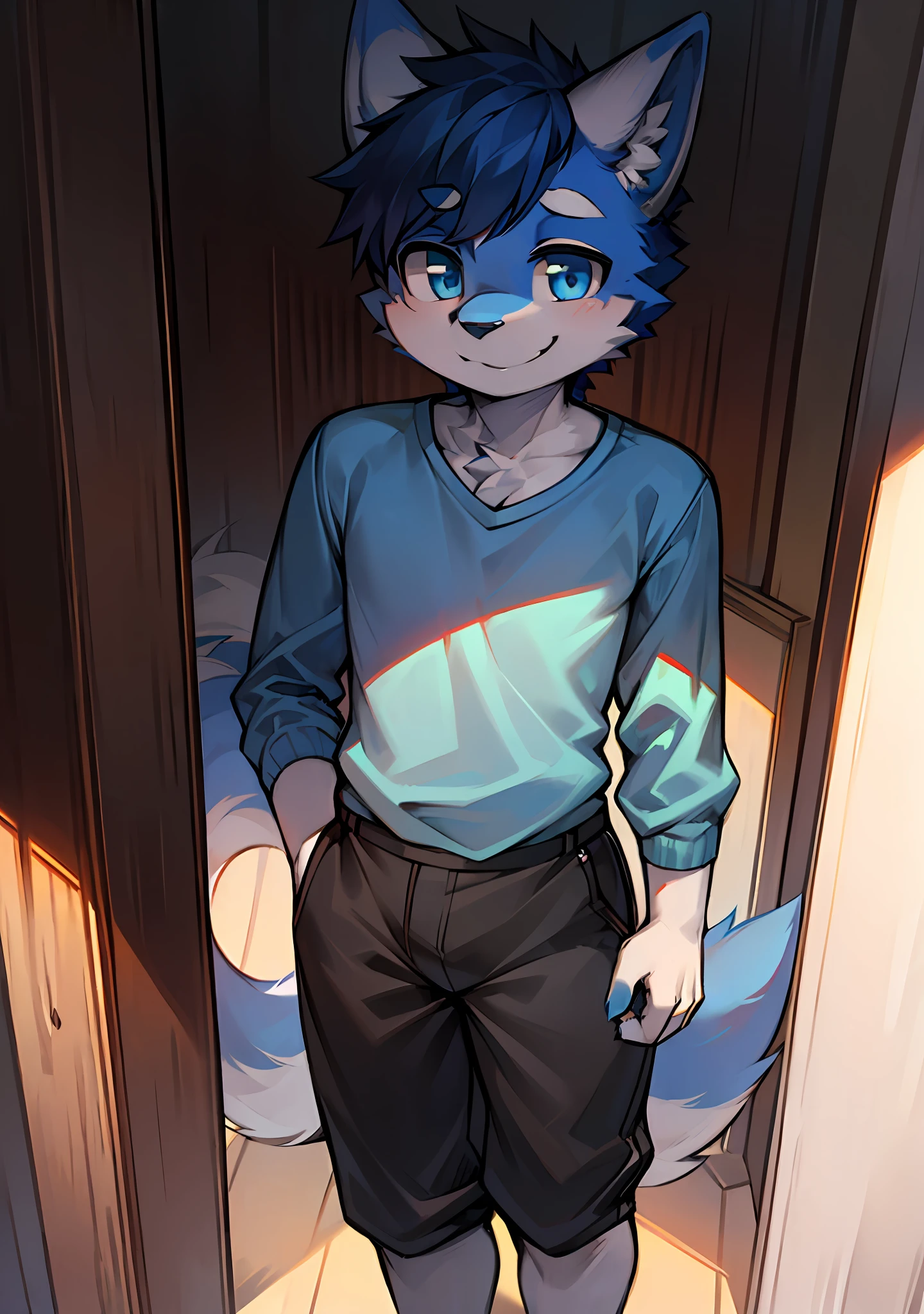 Panorama, character focus solo, bright eyes, big tail, male off-white fur, fluffy, furry male dog, casual dress, sideways head, smiling, blue eyes, ager, height one meter seven, handsome, young style, blue and white T-shirt, slacks