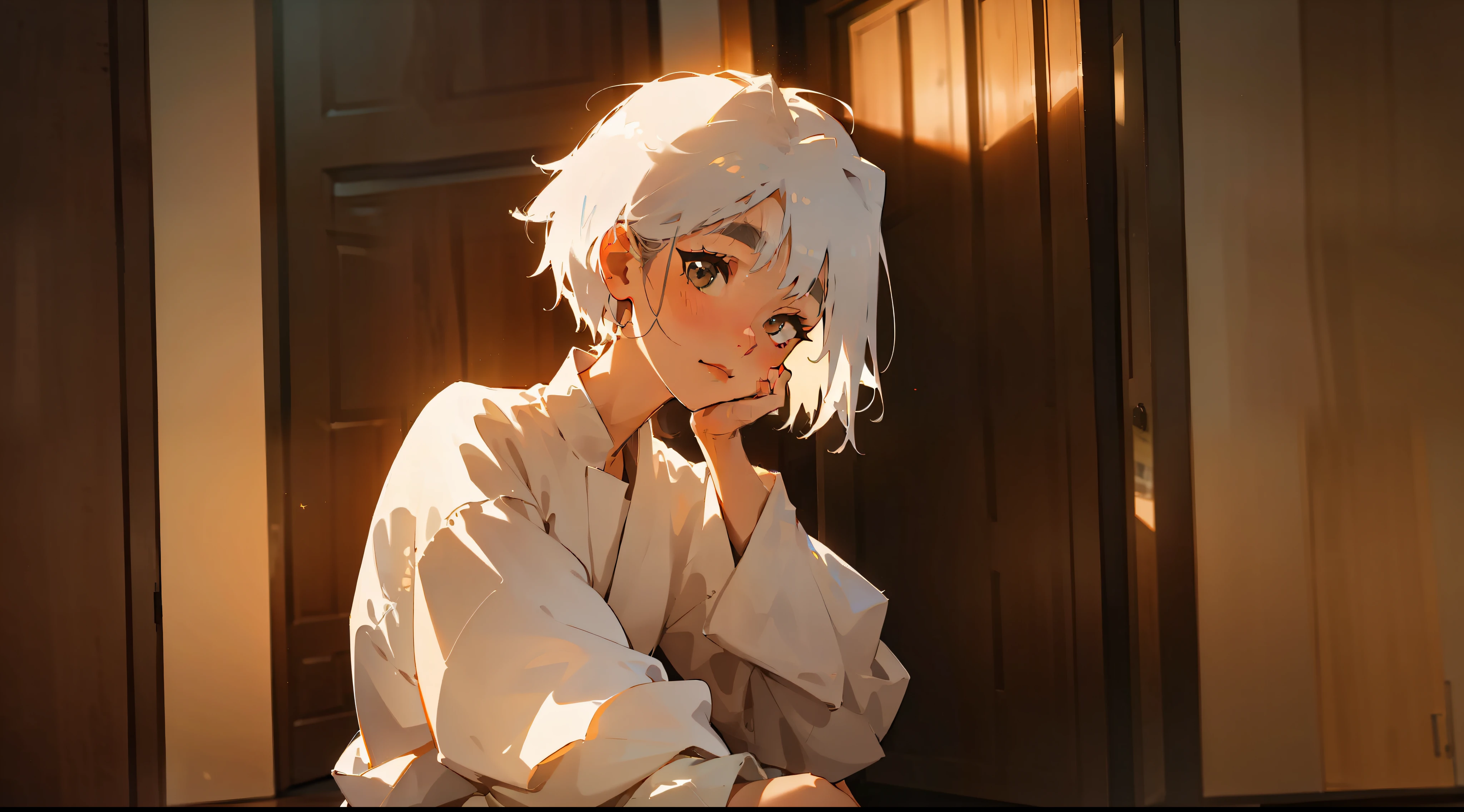 Masterpiece, master piece, samdoesarts, 1girl, white hair, backlight, white casual wear, thick eyebrows, viewing angle to the left, light on hair, light on the side face, sitting in the doorway, red oak door, leaning against the wall, short hair, straight hair, clean,