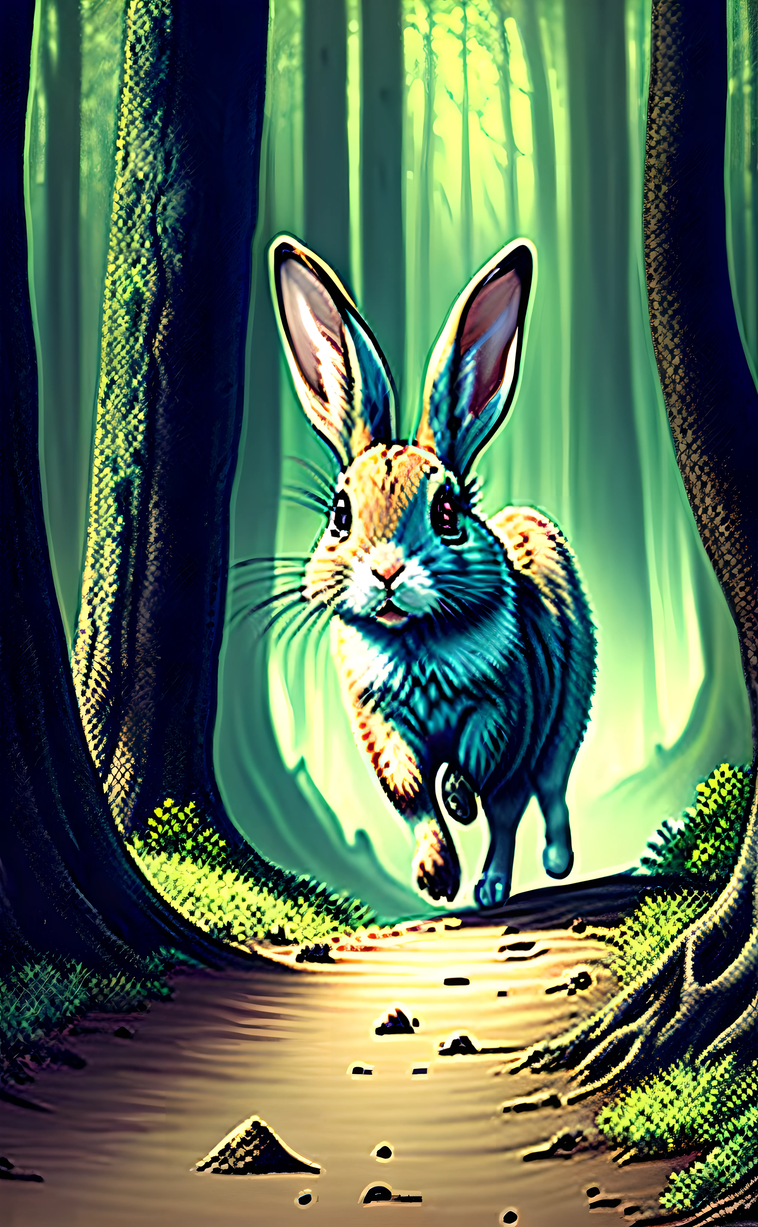 A brave rabbit stepping off a cliff, curious and oblivious to danger. A doglike creature eagerly warns him. A creepy forest looms in the background."