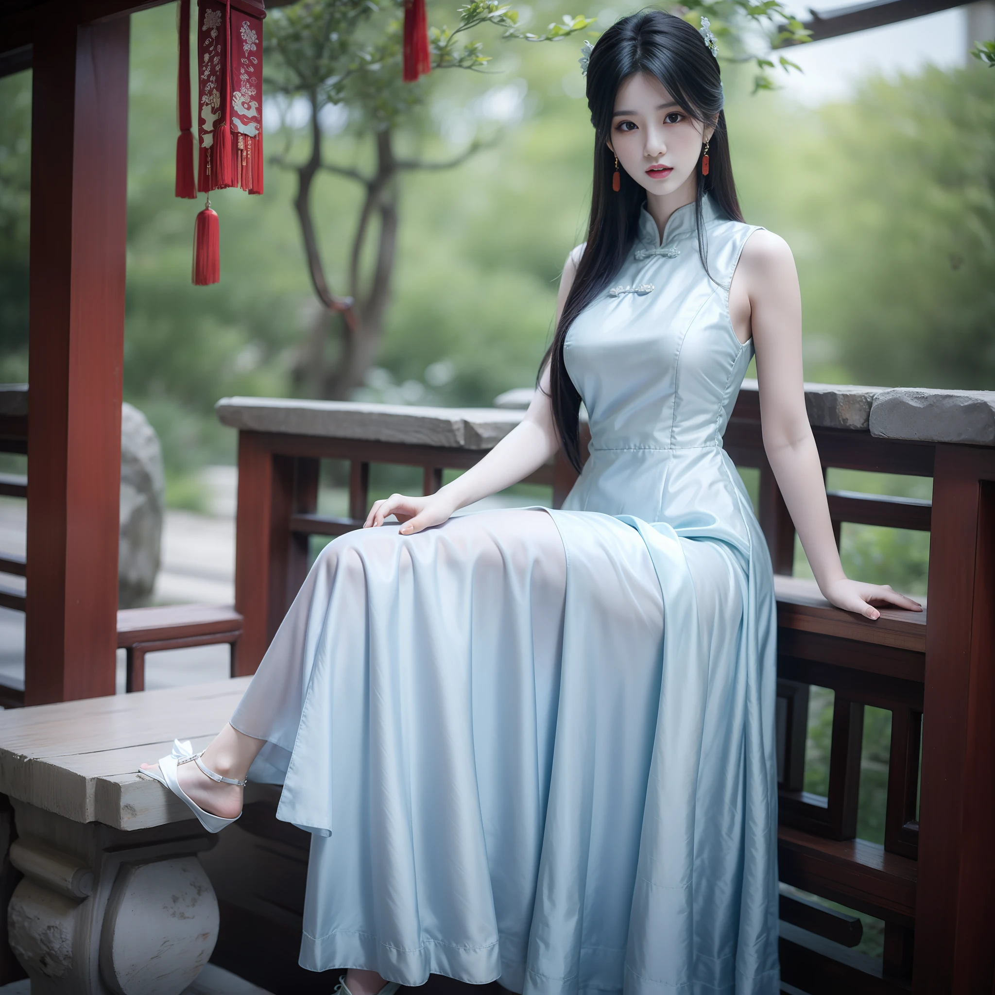 1girl, (1 cute Chinese star) realistic photo, medium breast size, purple slip dress, ancient Chinese architectural background, clear facial features, 8K high resolution, clear and realistic details, antique dress, tight dress, purple dress, long skirt, gorgeous young Chinese woman, shallow half-open dress, tight dress,