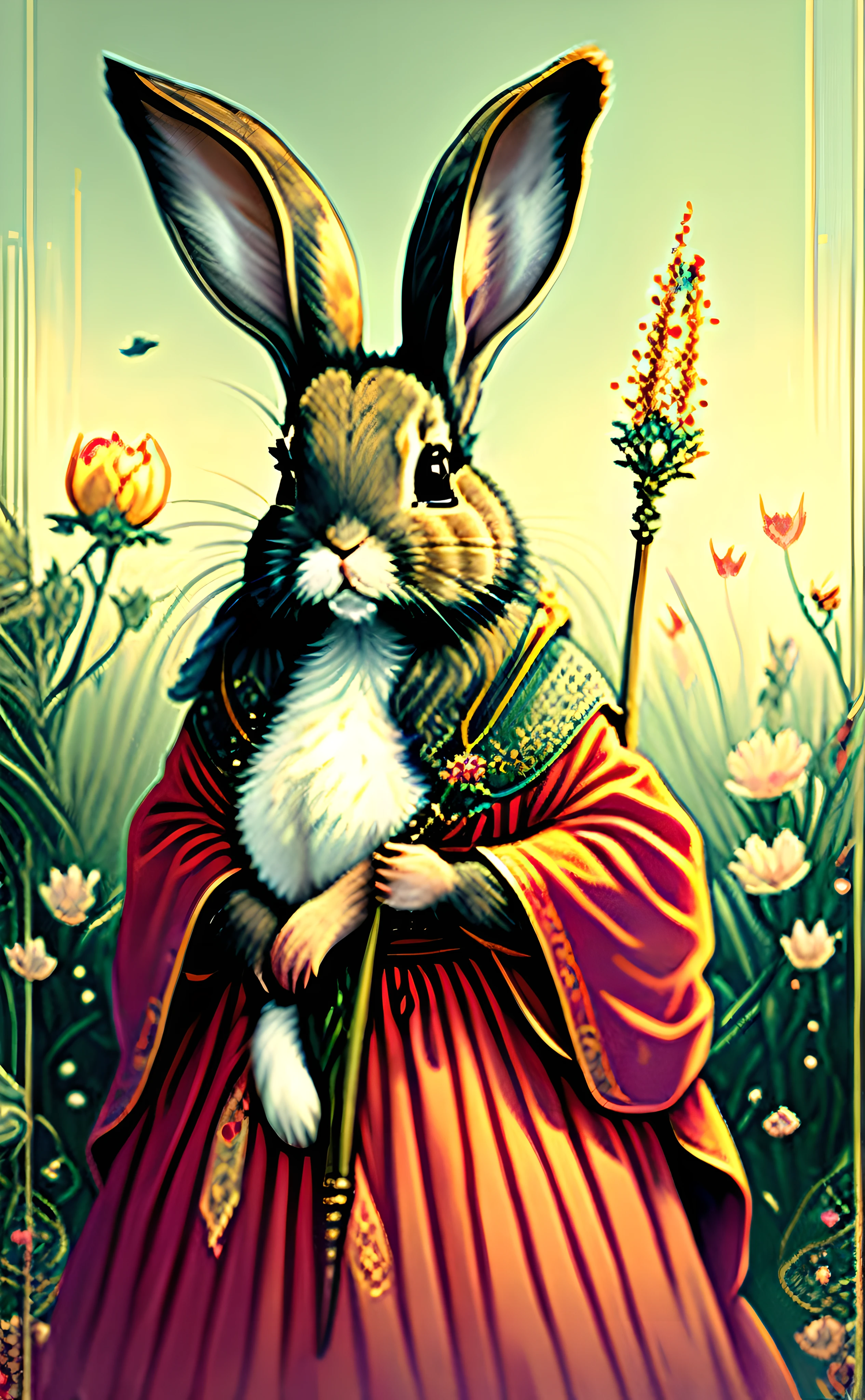 The Empress (女帝)
"A nurturing rabbit, regally posed with a scepter, surrounded by a flourishing yet eerie nature."