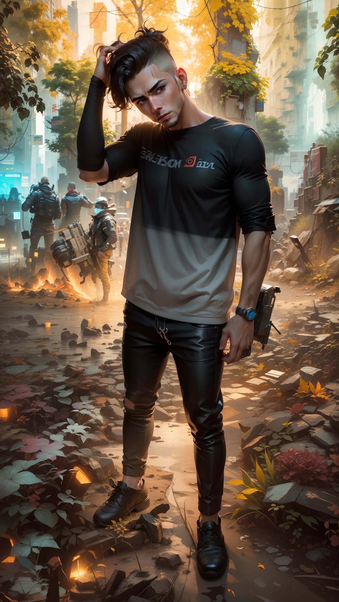 Change background cyberpunk handsome boy, realistic face, 8k, ultra realistic