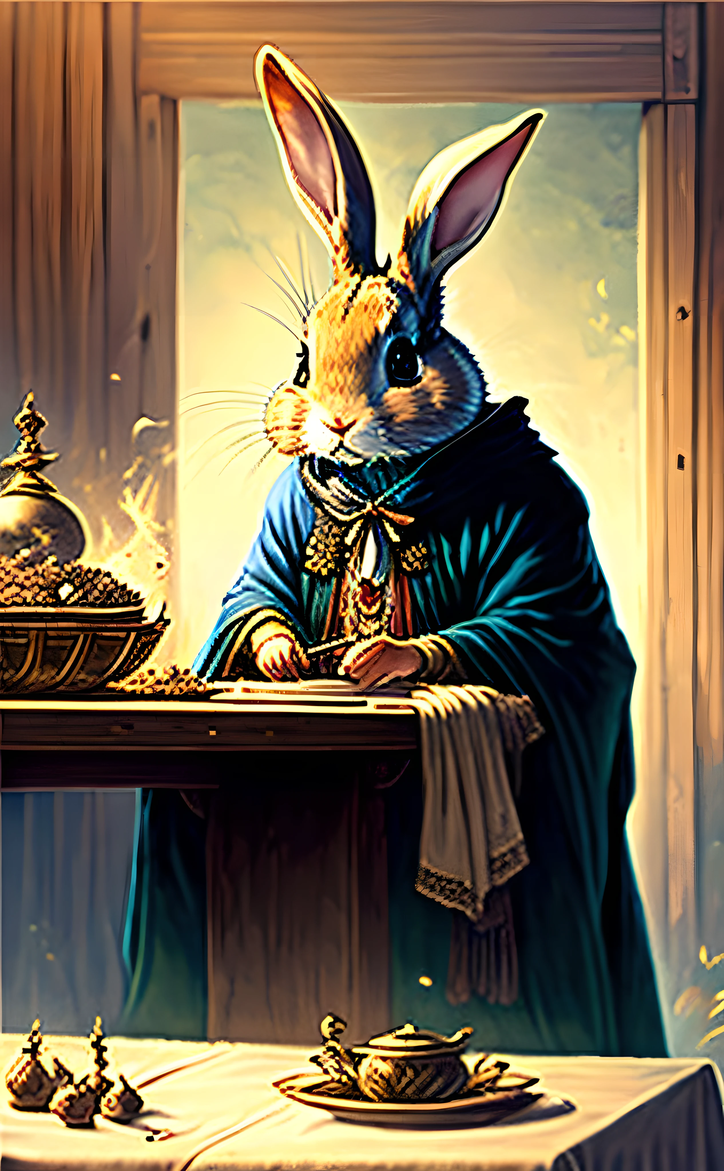 The Magician (魔術師)

"A rabbit in a grand magician's robe, conducting magic with a wand over a table filled with mysterious artifacts."