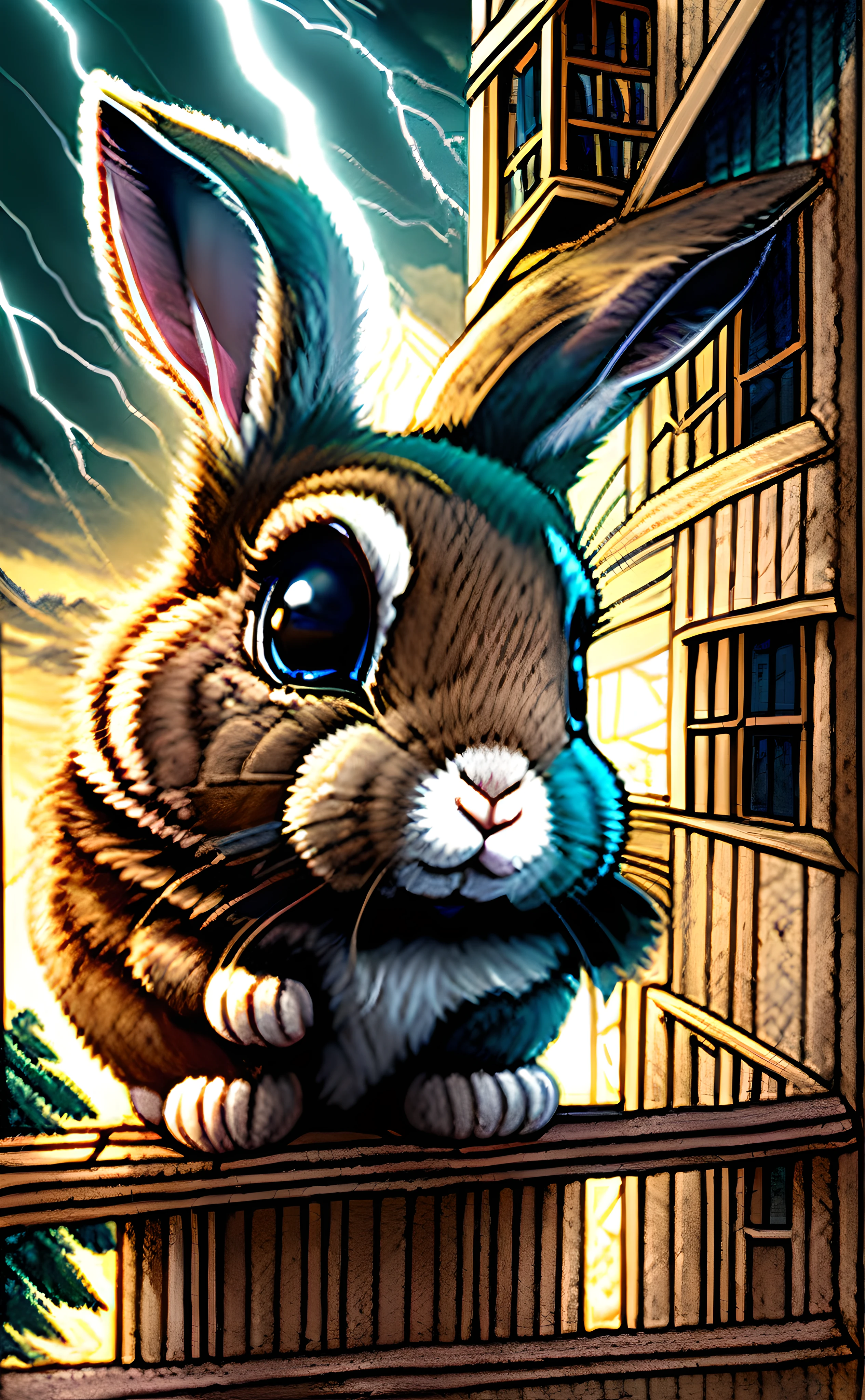 The Tower (塔)
"A rabbit leaps from a high window of an imposing tower struck by lightning, escaping the sudden chaos and destruction. Fear and determination are etched in its face as the tower crumbles in the eerie light."