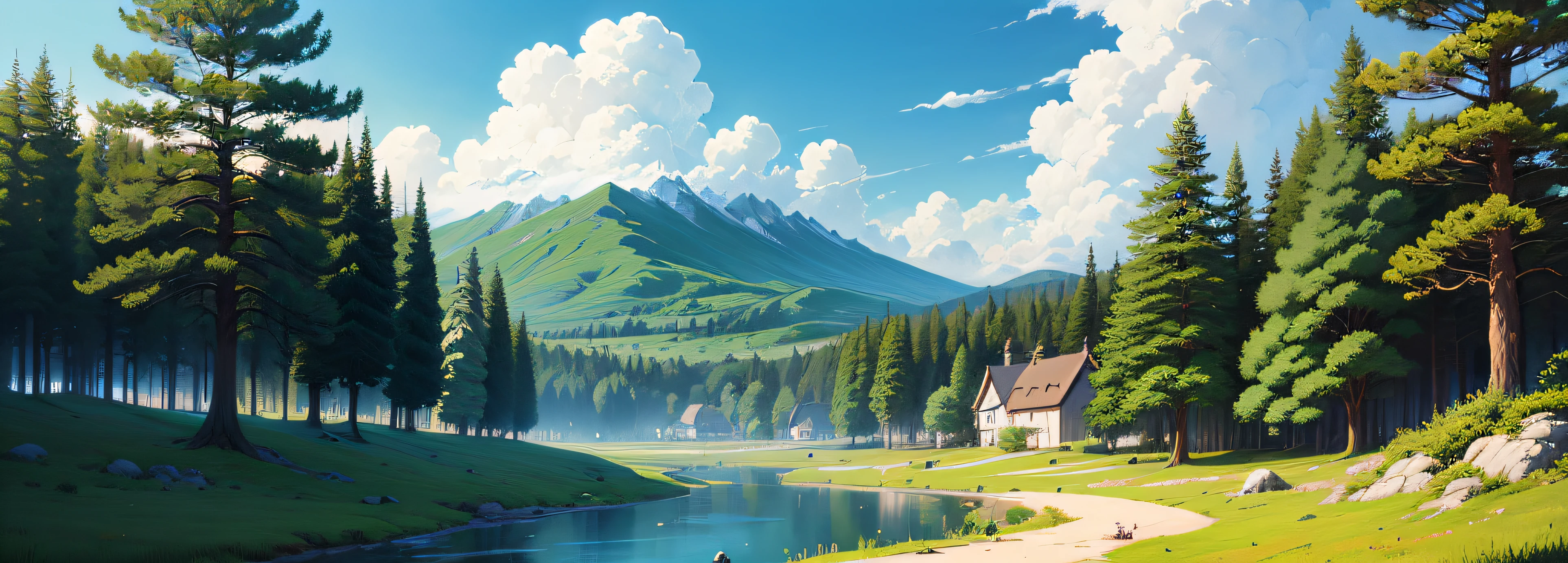 Fairy tales, anime, Miyazaki painting style, dense trees, blue sky and white clouds, thick painted flat --auto