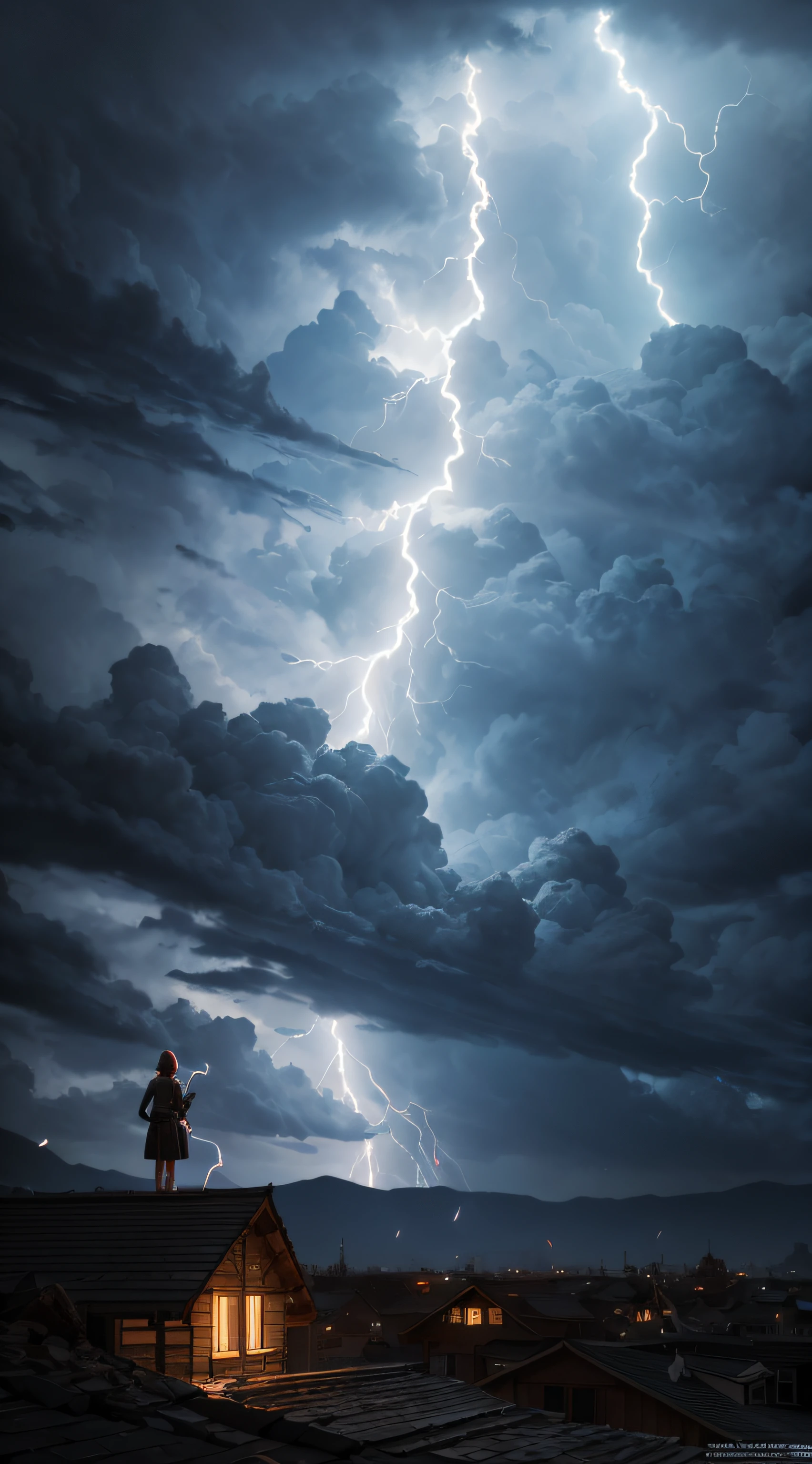 best quality, masterpiece, ultra high res, 1 woman, a beautiful thunder goddess, lightning witch, spell caster, intricate design, realistic details, powerful, aggressive, furious, electric discharge, casting lightning spell with hand, lightning spark in hands, blue lightning spark, lightning strike, realistic lightning effect, light blue particles, dark fantasy art style, ruined city, hyperrealism, realistic, dramatic lighting, cinematic