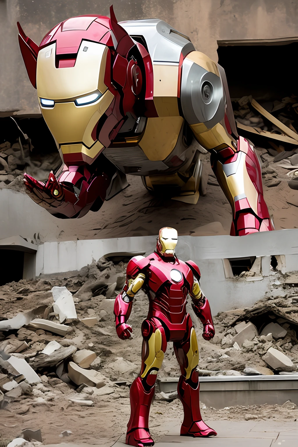 The third generation of Iron Man's suit, with a bull's head face, cried with joy in a ruin