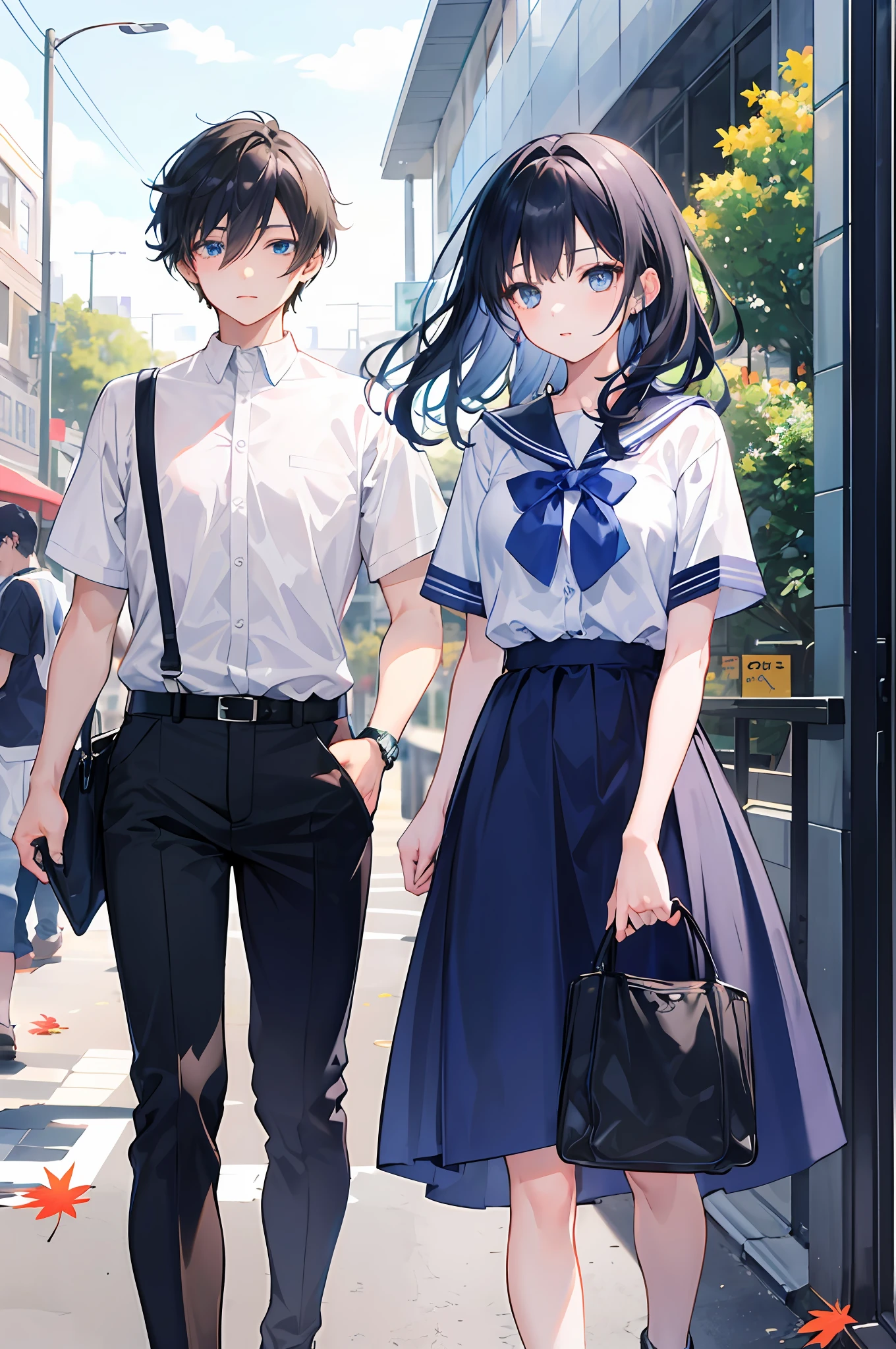 (1 girl: 1.5), (1 boy: 1.5), (two people: 1.5), // anime boy in black short sleeves, // anime girl in uniform, blue eyes and handbag, beautiful anime high school girl, black hair, street, (maple: 1.1), campus