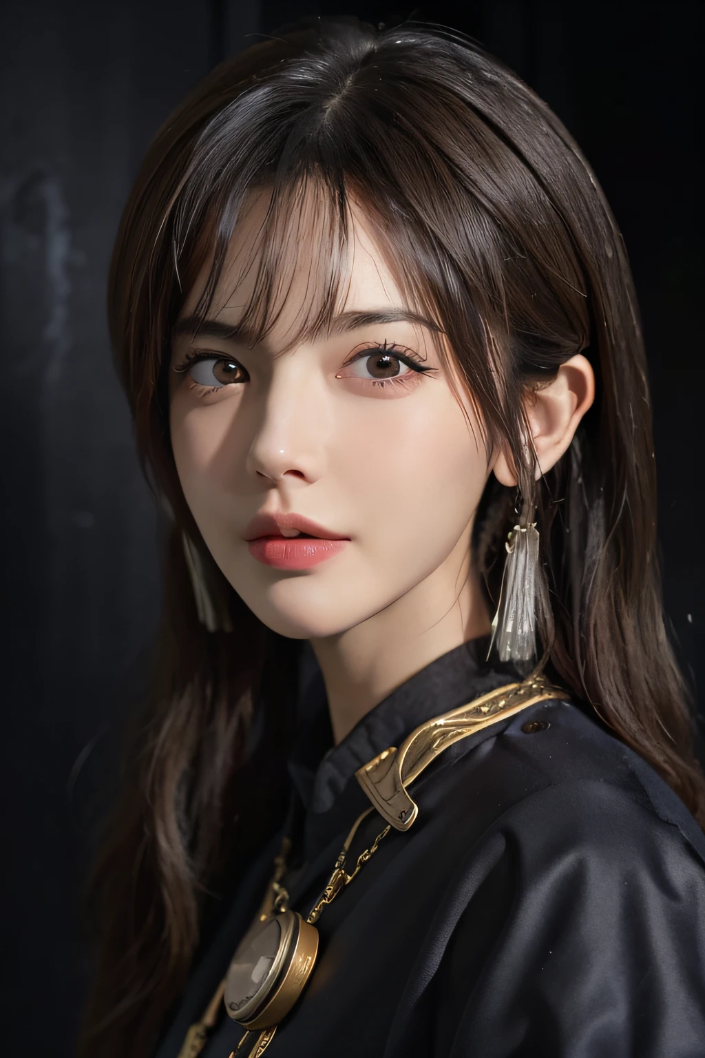 Hyperrealist portrait of female by david hockney and alphonse mucha,fantasy art, photo realistic, dynamic lighting, artstation, poster, volumetric lighting, very detailed faces, 4 k, award winning,, 1girl, in the dark, deep shadow, low key,cowboy shot,(official clothing:1.4) ,long hair,white hair,
