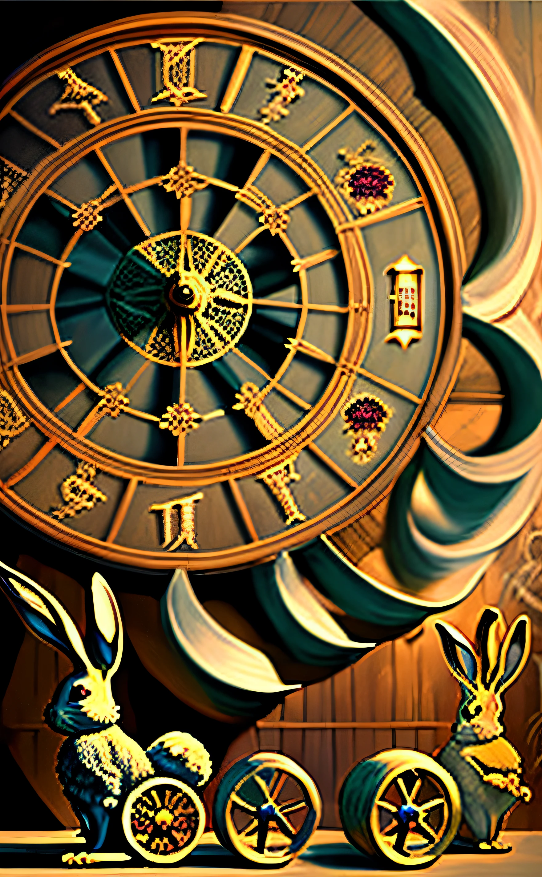 Wheel of Fortune
"A rabbit looking at a spinning wheel inscribed with various symbols of fate. The scene is set in a mystical place with eerie shadows."