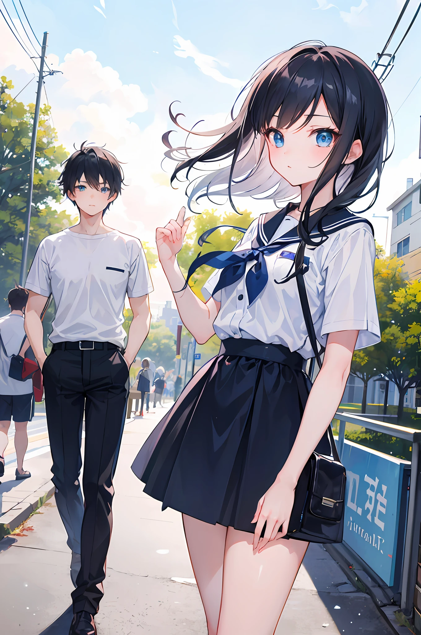 (1 girl: 1.5), (1 boy: 1.5), (two people: 1.5), // anime boy in black short sleeves, // anime girl in uniform, blue eyes and handbag, beautiful anime high school girl, black hair, street, (maple: 1.1), campus