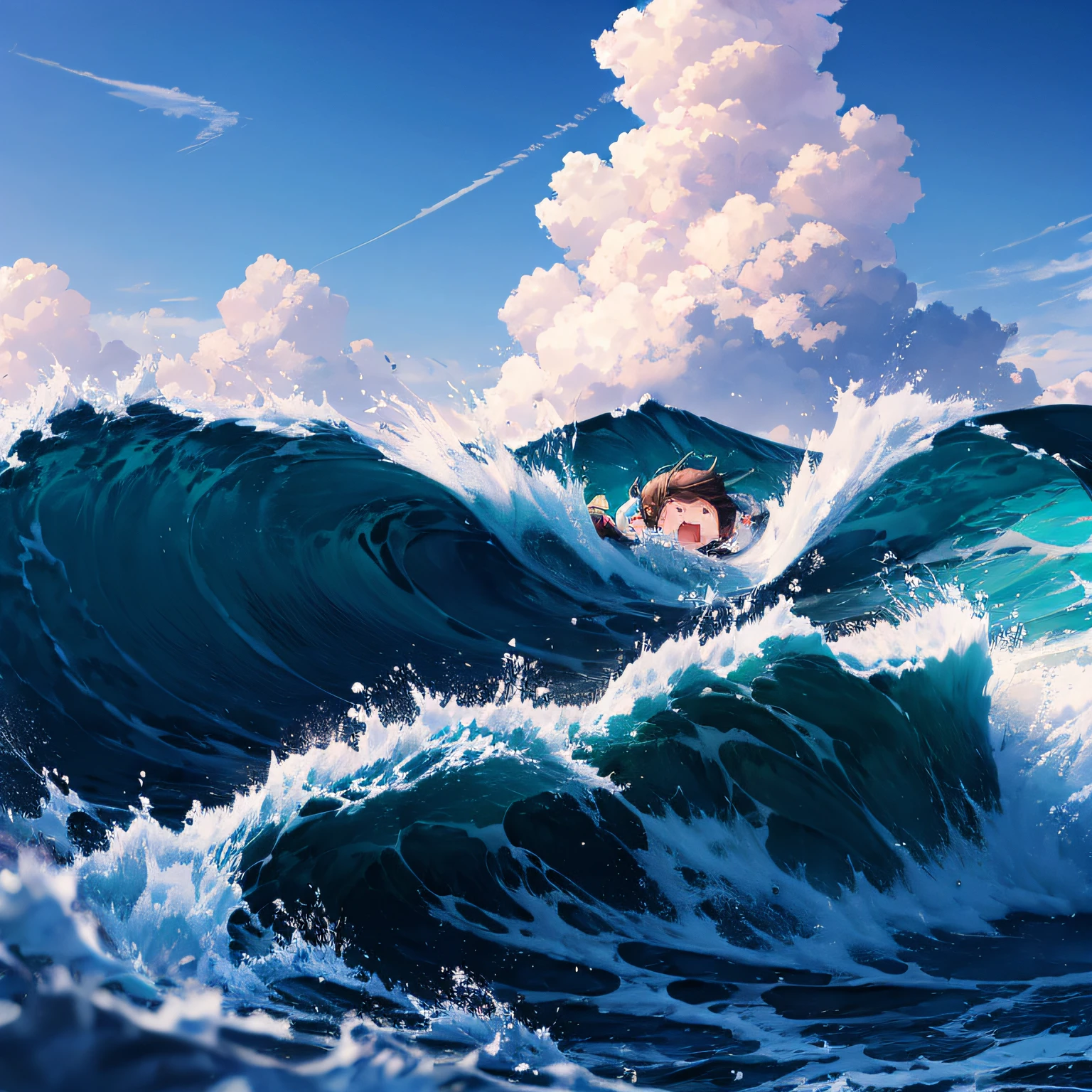 Children drowning, face up, panic, splashing, rushing water, blue sky and white clouds, crying