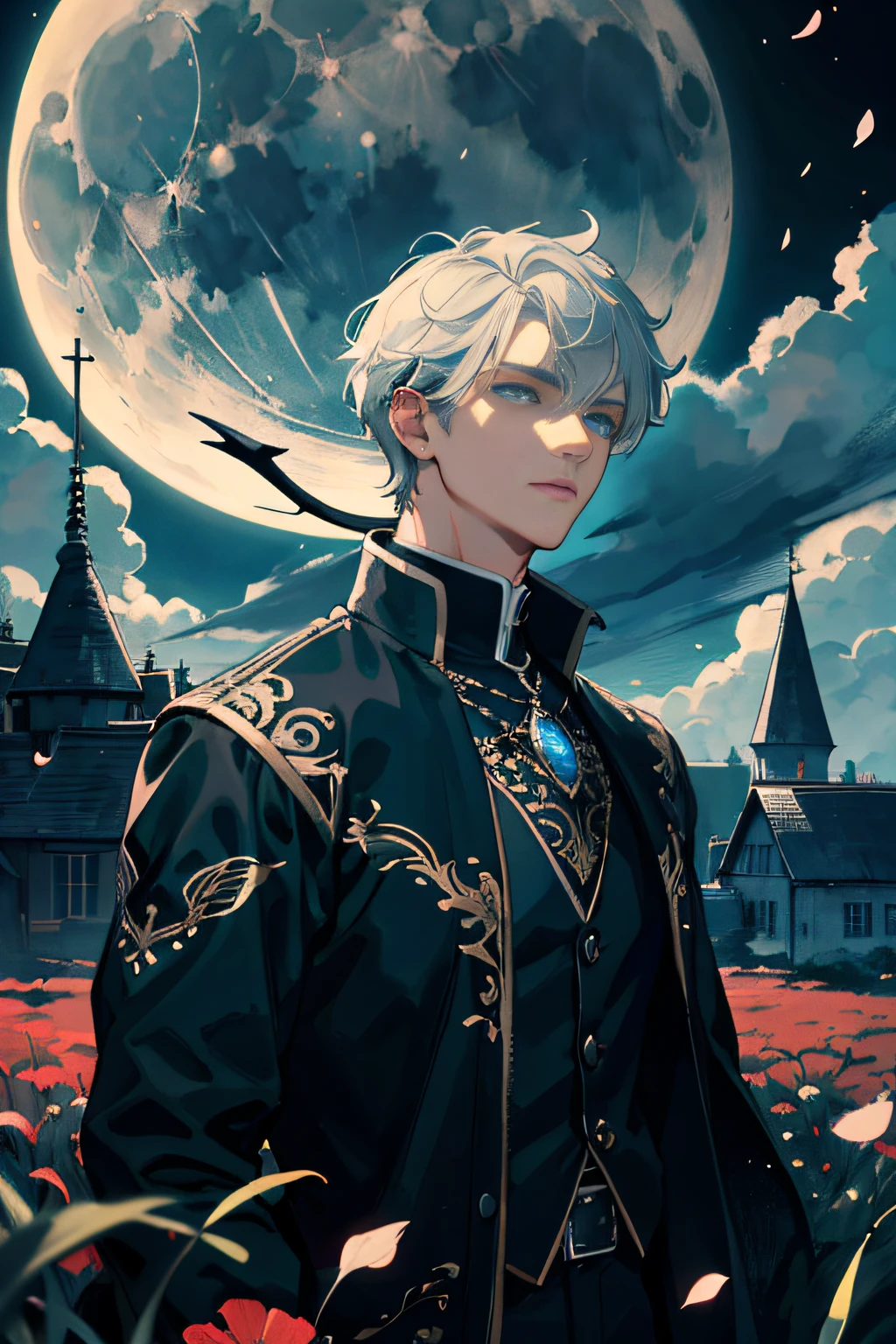 masterpiece, best quality, 1 male, adult, tall muscles, handsome, delicate eyes, intricate details, short black hair, short hair, blue eyes, intricate details, fantasy, night, (dark theme), movie lighting, colorful, portrait, flying petals, flowered meadow, cloudy sky, architecture, moon, light, holland horn, cowboy shot
