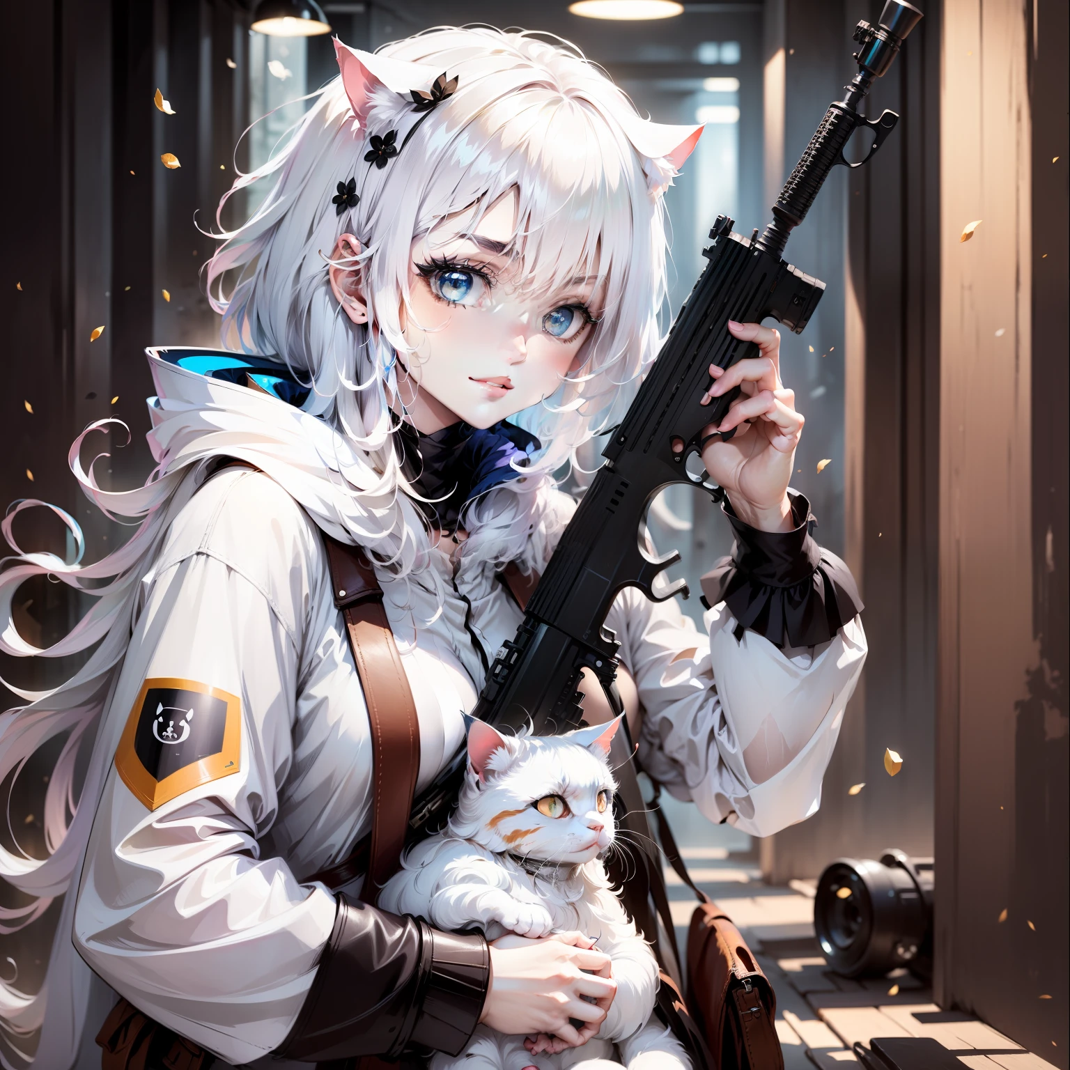 White-haired cat lady with rifle