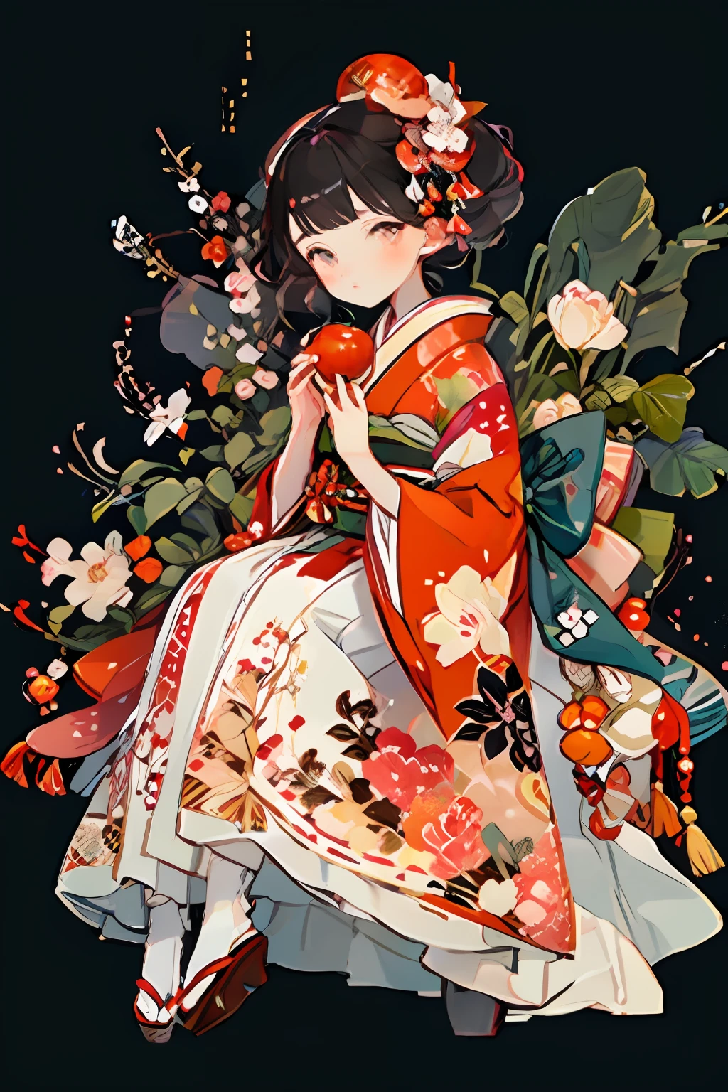 1girl, solo, fruit, japanese clothes, food, flower, kimono, hair ornament, apple, holding food, holding fruit, hair flower, red kimono, holding, floral print, black hair, blush, wide sleeves, sitting, brown eyes, sash, long sleeves, bangs, red flower, looking to the side, hair bun, obi, single hair bun, looking at viewer, print kimono, hands up, short hair