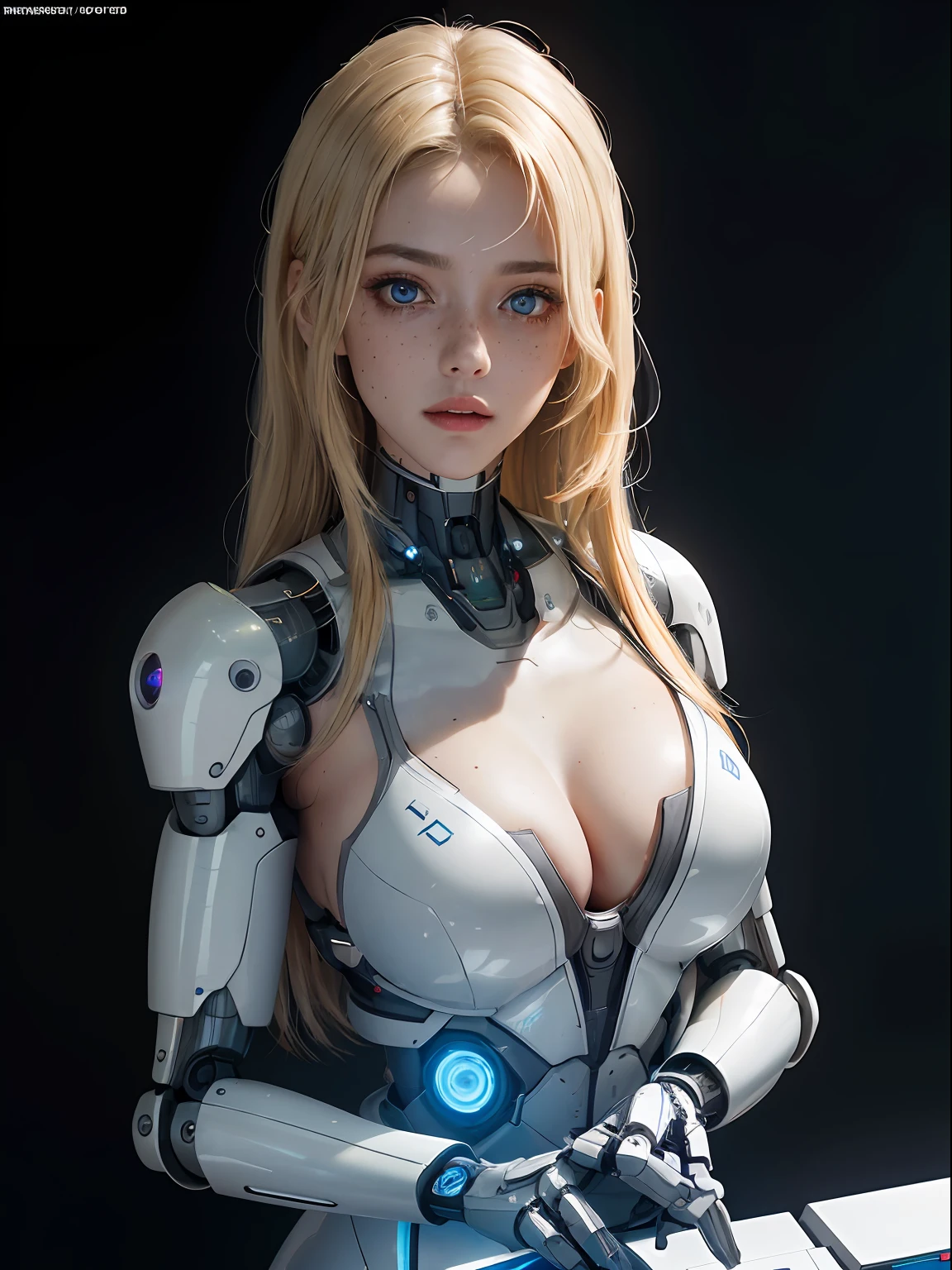 (insanely detailed, beautiful detailed face, masterpiece, best quality), blond hair, ultra detailed beautiful eyes, very long hair, looking at viewer, giant boobs, busty, glowing eyes, freckles, (futuristic white laboratory background), beautiful detailed glow, lots of glow, dominant personality, hyper-realistic, perfect hand, 1-cyborg-girl solo, (masterpiece, extremely_detailed_CG, 8k_wallpaper:1.2 ) highlight, shadow, cyborg, futuristic, human face, white robotic feminine body ,white choker, lots of lights and glows, robotic appearance,, focus on boobs, showing boobs, full body, showing, human, nsfw, naked,