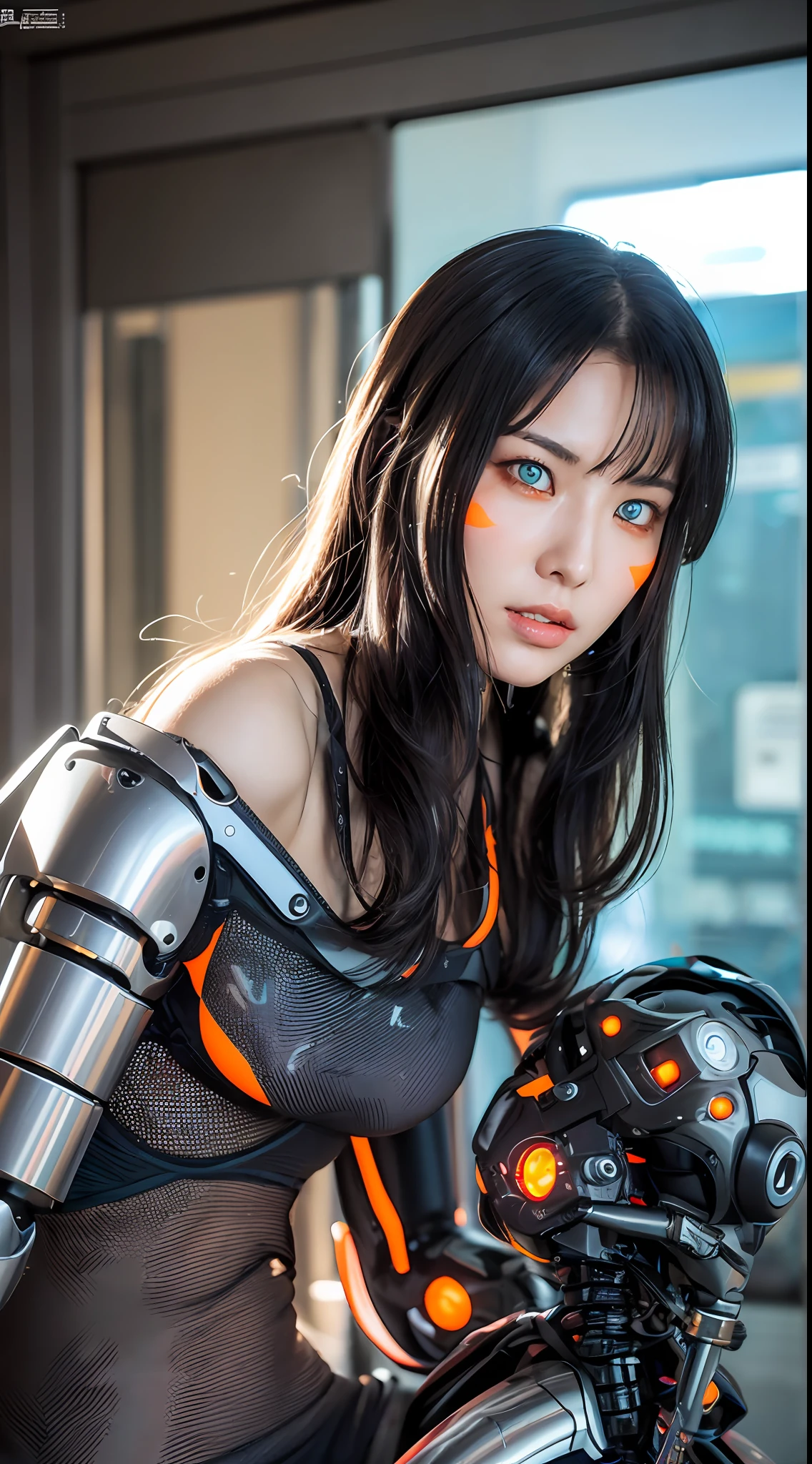 Cyberpunk, Female Cyborg, Special Ability, Uniform, Mechanized Enhancement, Beauty, Black Hair, Japan, Knee Up, Fine Face, Fine Body, Ponytail, Mechanical Eyes, ((Orange Eyes: 1.2)), Glowing Eyes, Prosthetic Arms, Prosthetic Legs, ((Connected to Charging Unit: 1.2))