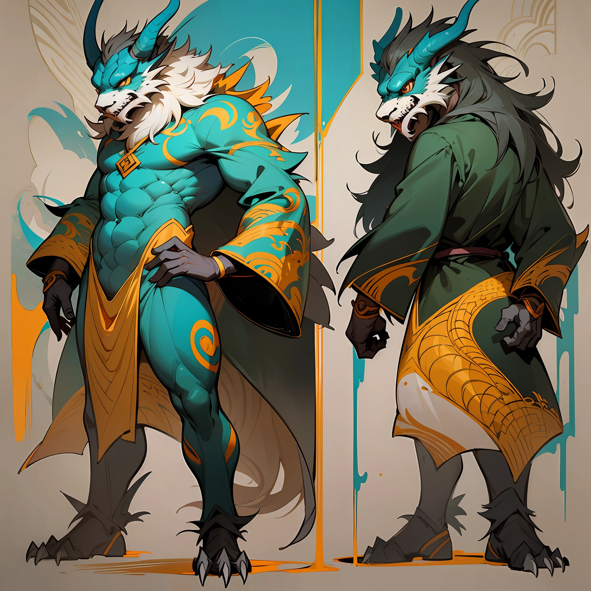 Anthropomorphic dragon male, animal image design, oriental dragon image, long dark beard, hip hop style, Q version cartoon monster standing painting, oblique side standing, side view, side standing, full body portrait, cool shape,